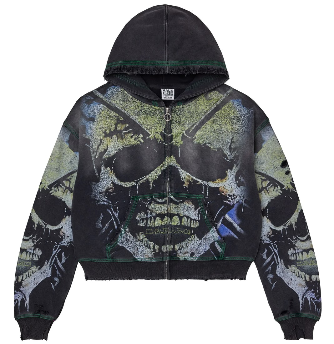 Black Zip Front Hoodie with Grave Digger Motif by Vale: Black Zip Front Hoodie with Grave Digger Motif by Vale The Vale Grave Digger Black Zip Up Hoodie offers both comfort and style with a full zip front, stringless hood, and durable ribbed cuffs and hem.