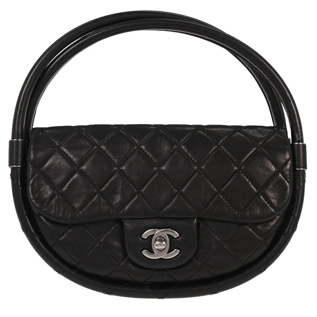 Small Matelasse Quilted Black Lambskin Top Handle Bag by Chanel: Small Matelasse Quilted Black Lambskin Top Handle Bag by Chanel This Chanel small handbag features a black quilted lambskin leather exterior with a matelasse pattern. Designed with a top handle and pr