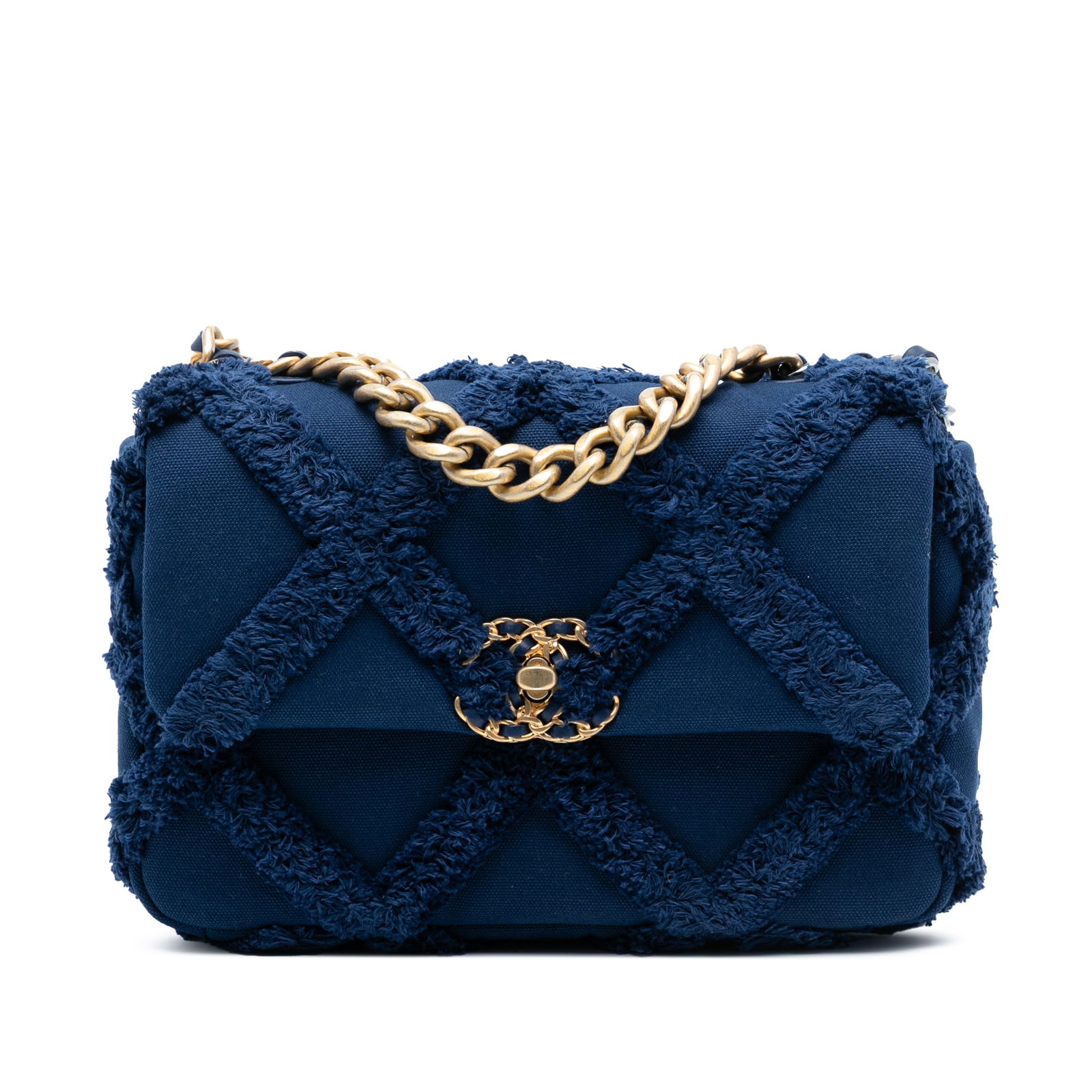 Chanel 19 Medium Blue Canvas Flap Bag with Chain Handle: Chanel 19 Medium Blue Canvas Flap Bag with Chain Handle This Chanel Medium 19 Flap bag features a canvas and cotton exterior in blue, complemented by a gold-tone chain handle and a leather-woven chain