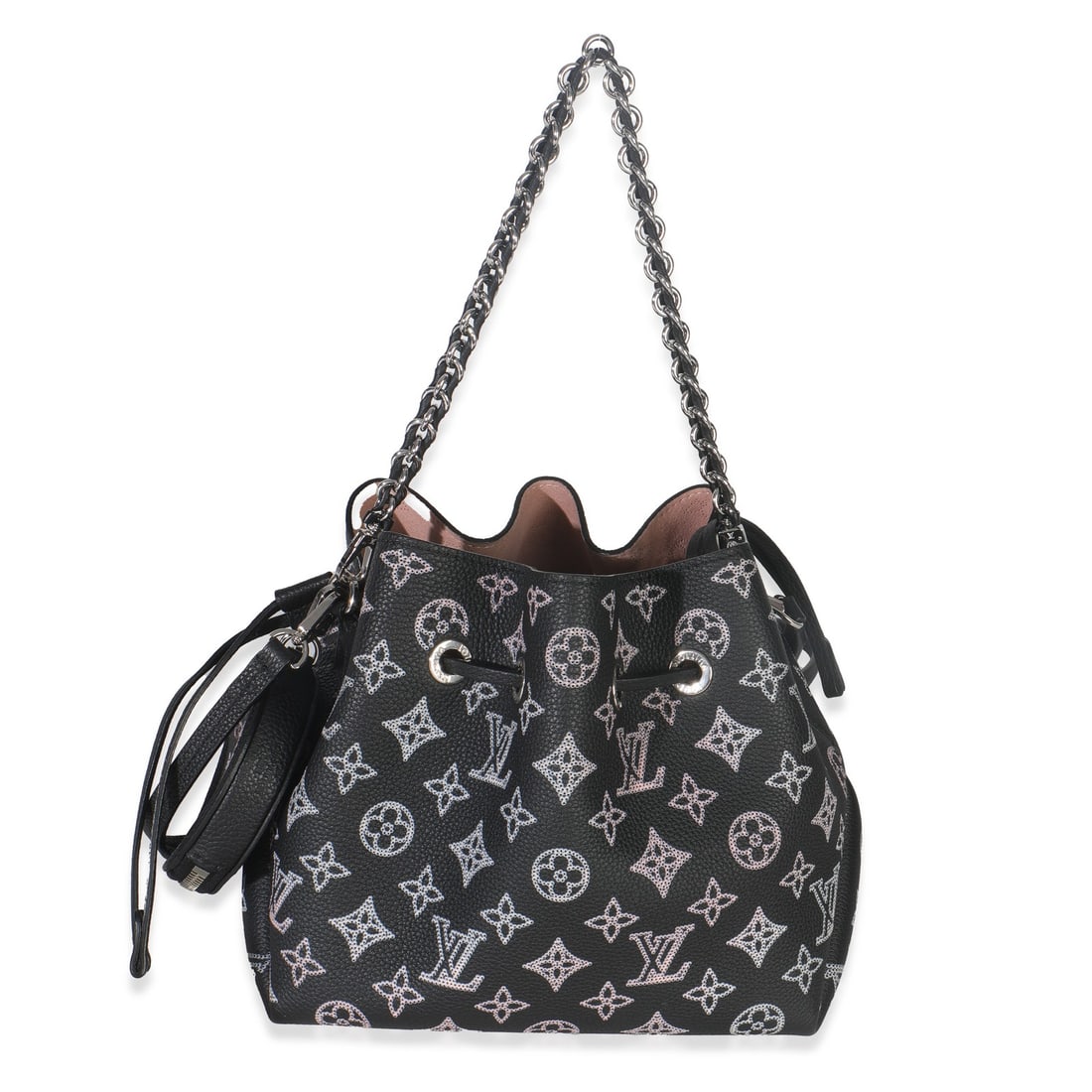 Flight Mode Bella Black Leather Bucket Bag with Pink Lining and Dustbag: Flight Mode Bella Black Leather Bucket Bag with Pink Lining and Dustbag This Louis Vuitton Flight Mode Bella bag features a black leather exterior with the signature Monogram Mahina pattern and pink m