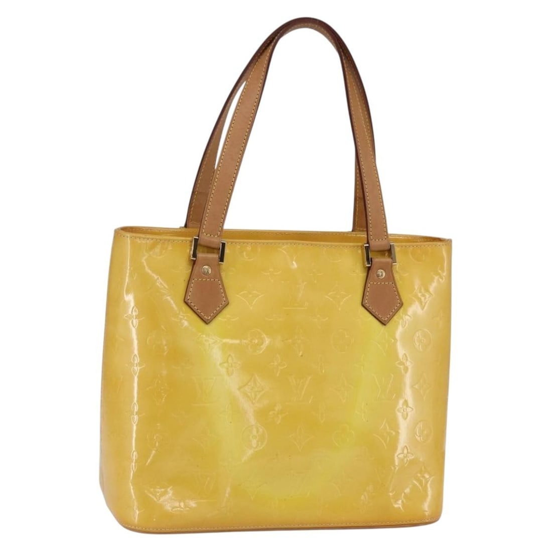 LOUIS VUITTON Monogram Vernis Houston Hand Bag Lime Yellow M91055 Auth: LOUIS VUITTON Monogram Vernis Houston Hand Bag Lime Yellow M91055 Auth This stylish LOUIS VUITTON Monogram Vernis Houston Hand Bag showcases a vibrant lime yellow exterior crafted from premium patent