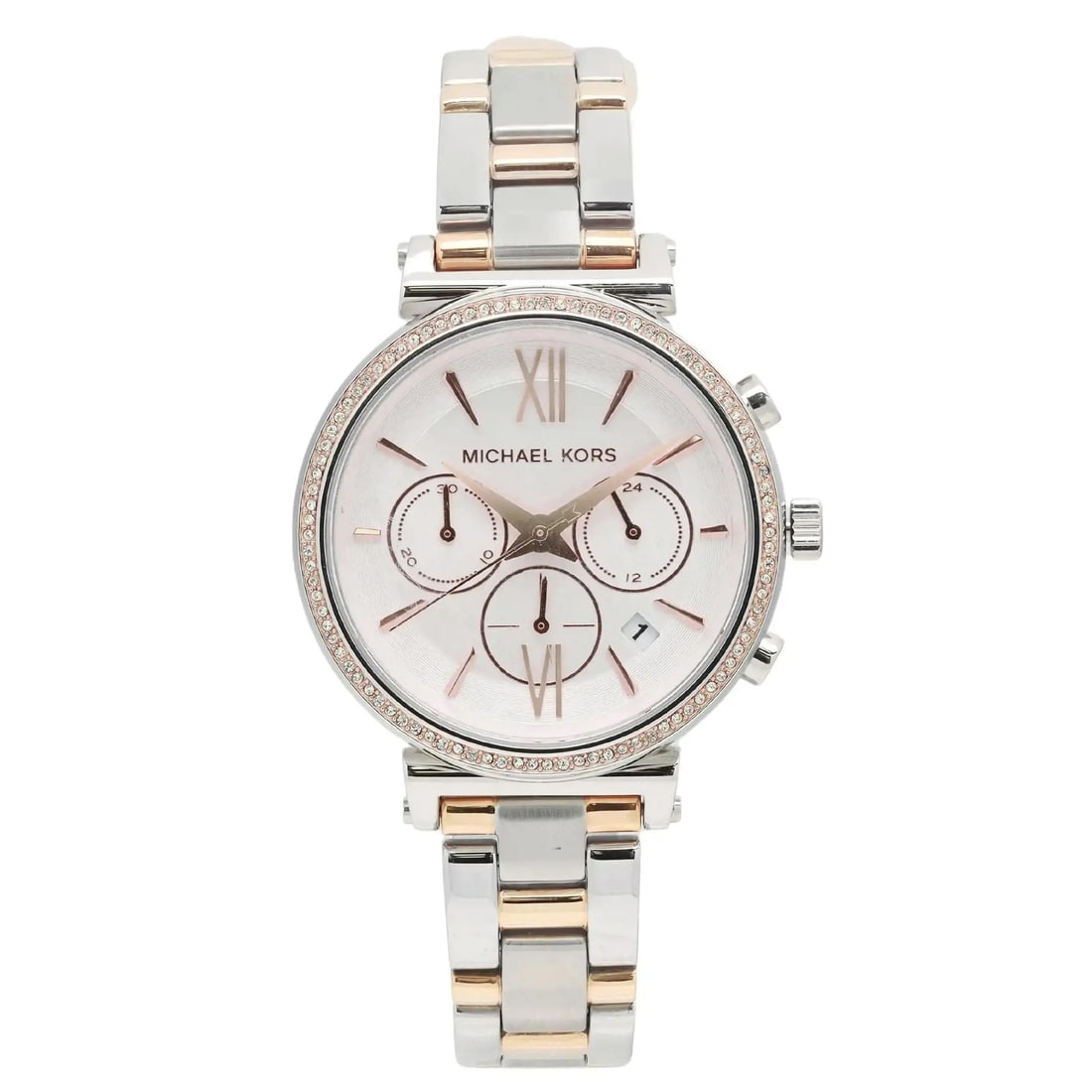 Michael Kors Sofie 39mm Two Tone Quartz Watch MK6558 with Box and Papers: Michael Kors Sofie 39mm Two Tone Quartz Watch MK6558 with Box and Papers Introducing the Michael Kors Sofie 39mm Two Tone Steel Ladies Quartz Watch, a perfect blend of elegance and functionality. This