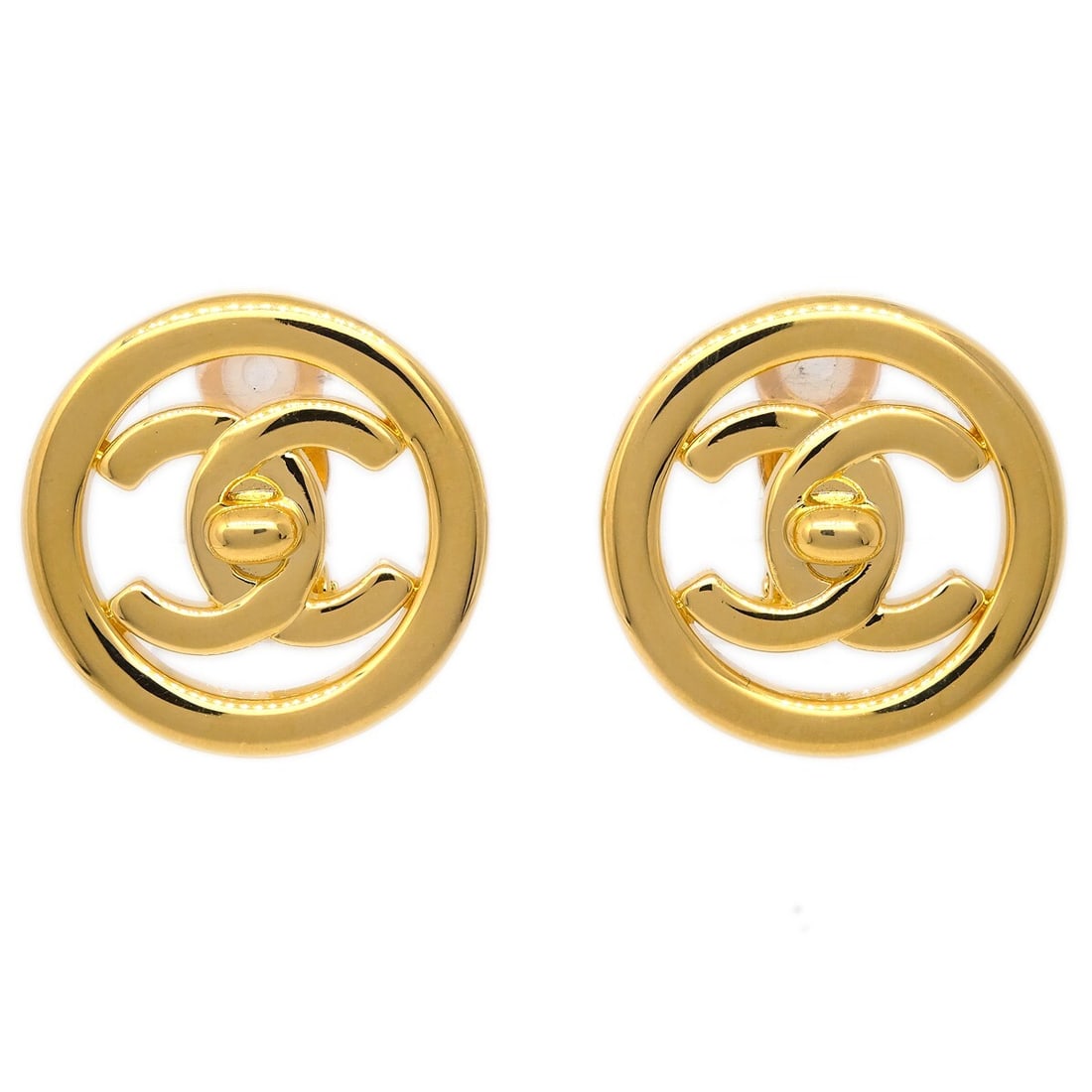 Chanel Gold-Plated CC Turnlock Clip-On Button Earrings 97P: Chanel Gold-Plated CC Turnlock Clip-On Button Earrings 97P Elevate your accessory collection with these stunning Chanel CC Turnlock Button Earrings. These elegant earrings feature a round shape with a