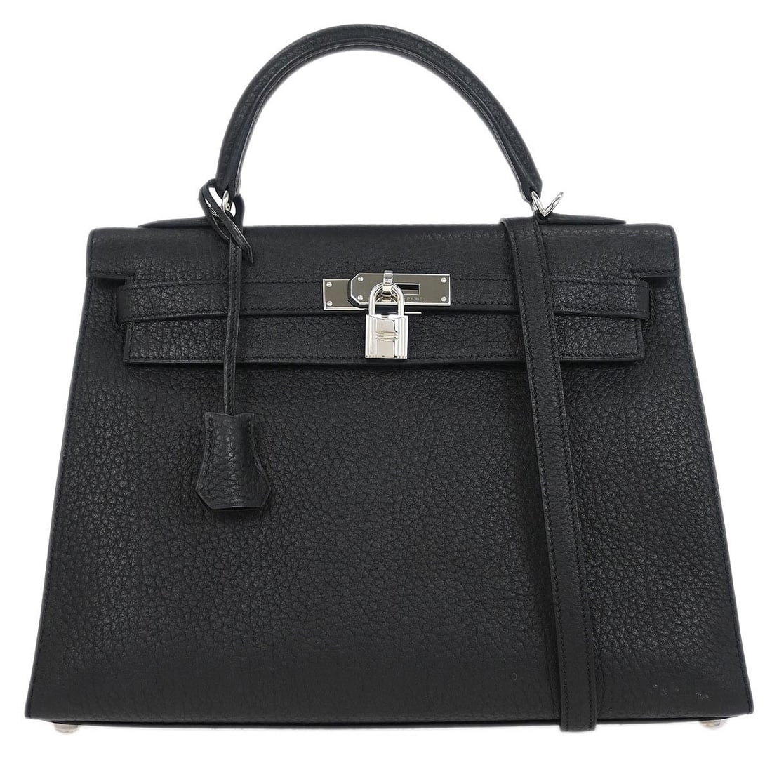 Hermes Kelly 32 Black Leather 2way Handbag with Silver Hardware: Hermes Kelly 32 Black Leather 2way Handbag with Silver Hardware Introducing the exquisite Hermes Fjord Black Kelly 32 Sellier 2way Handbag, a stunning blend of elegance and functionality. This medium-