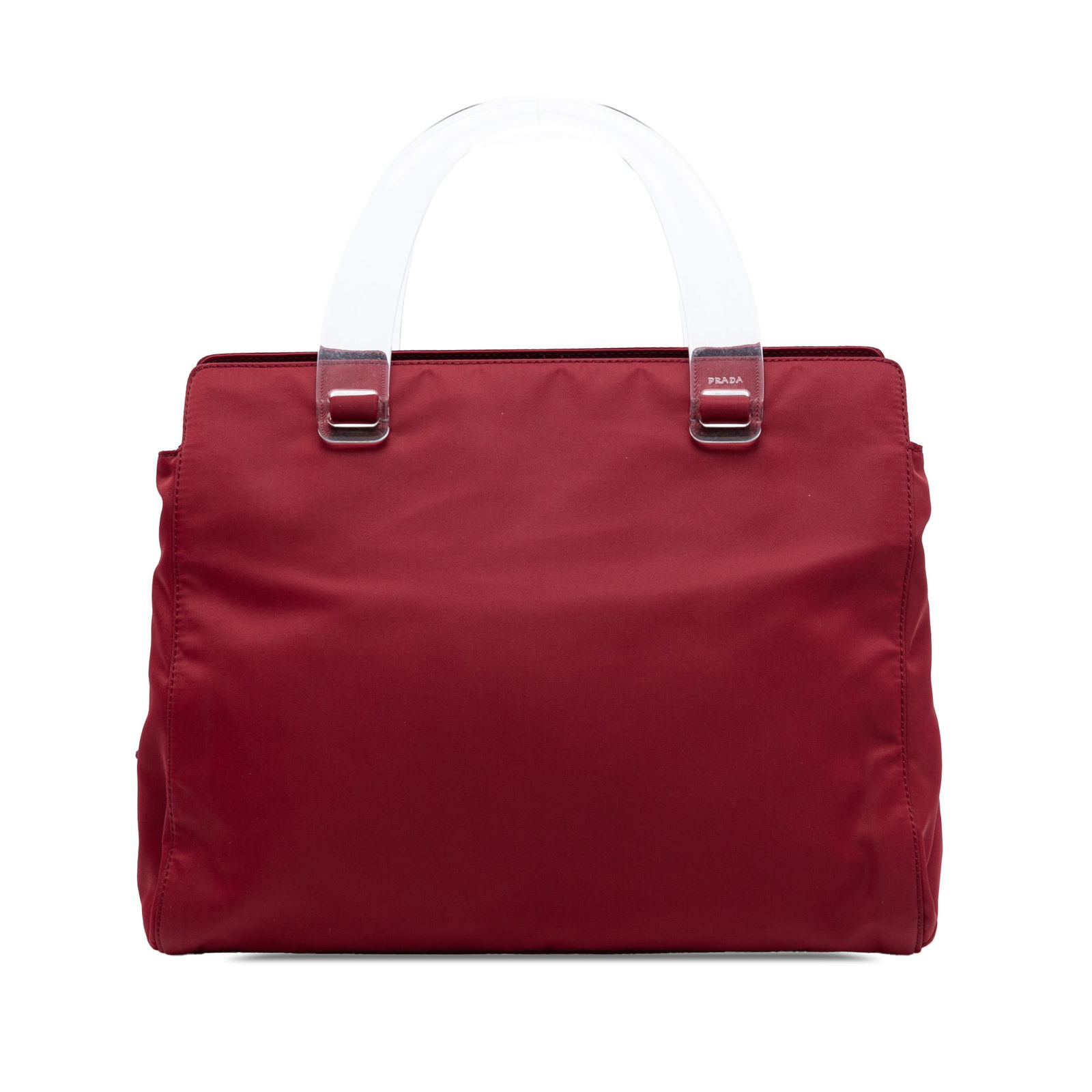 Prada Tessuto Red Nylon Bag with Acrylic Handles: Prada Tessuto Red Nylon Bag with Acrylic Handles This Prada Tessuto Acrylic Handle Bag features a red nylon body with acrylic handles, a top zip closure, an interior zip compartment, and an interior z