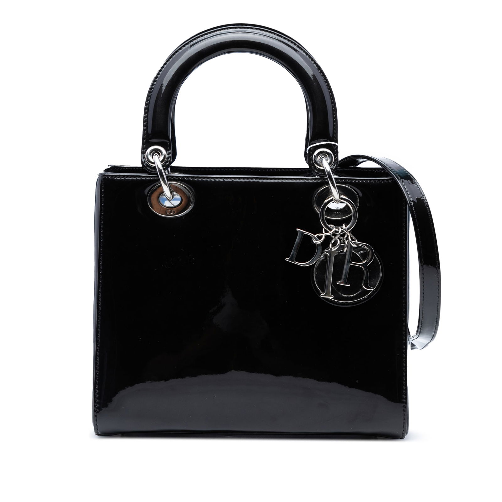 Dior Medium Patent Leather Lady Dior Bag Black Italy: Dior Medium Patent Leather Lady Dior Bag Black Italy This Medium Patent Lady Dior handbag is a luxurious accessory crafted from high-quality patent leather. Featuring flat leather top handles and a de
