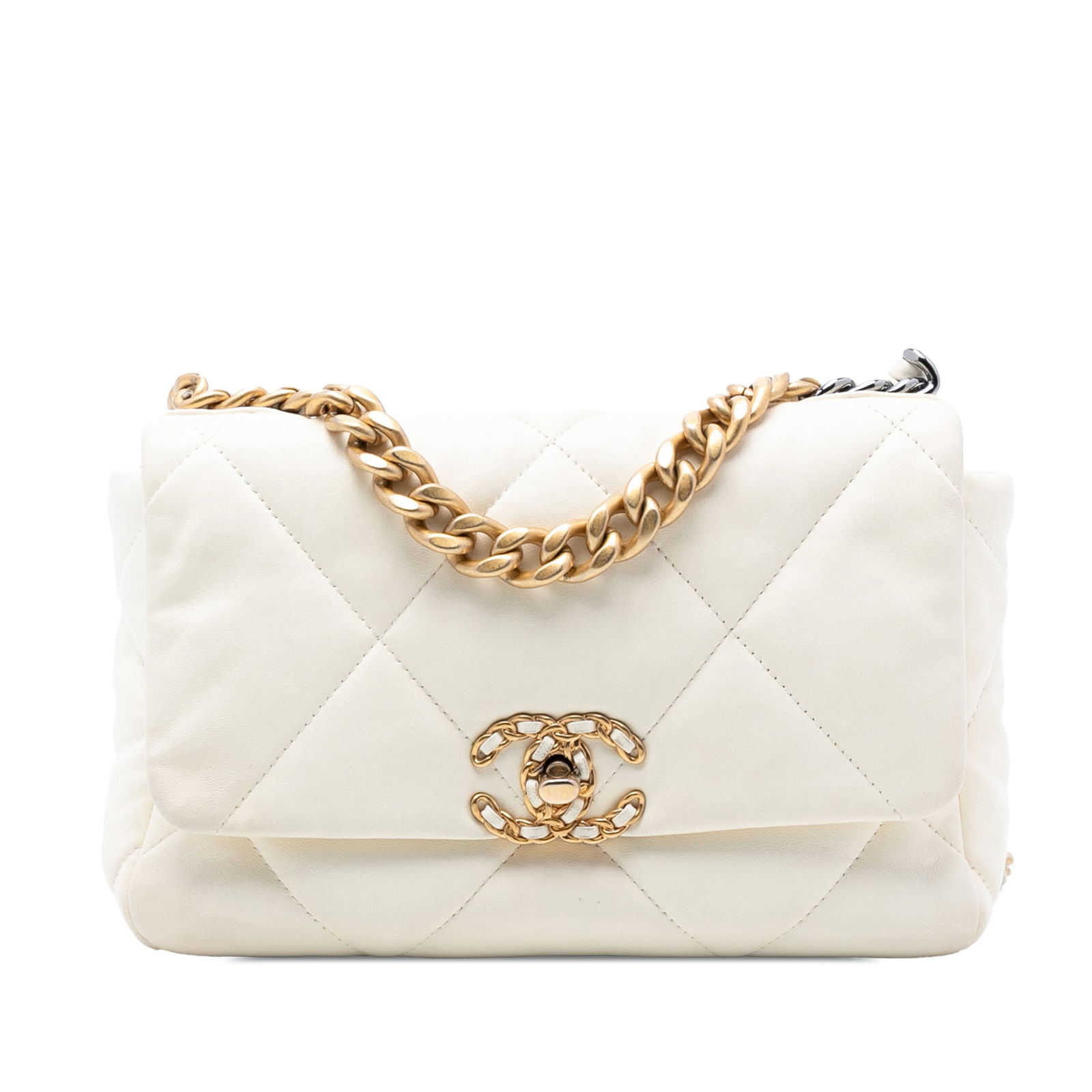White Chanel 19 Quilted Lambskin Medium Flap Shoulder Bag: White Chanel 19 Quilted Lambskin Medium Flap Shoulder Bag This Chanel Medium Lambskin 19 Flap bag features a quilted lambskin leather body in white, a gold-tone chain handle, a woven leather chain sho