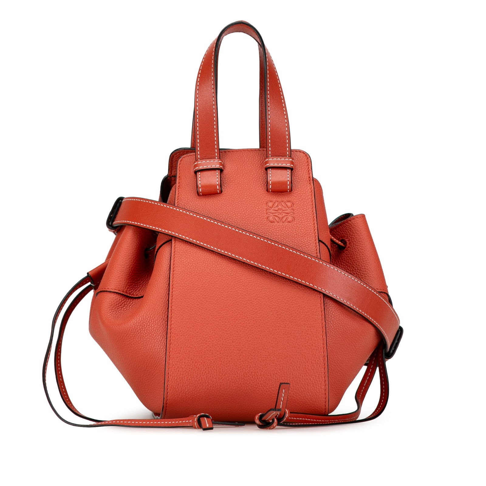 LOEWE Small Leather Hammock Satchel Orange Drawstring Bag: LOEWE Small Leather Hammock Satchel Orange Drawstring Bag Introducing the LOEWE Small Leather Hammock Satchel, a stylish and functional accessory crafted from high-quality leather. This satchel featur