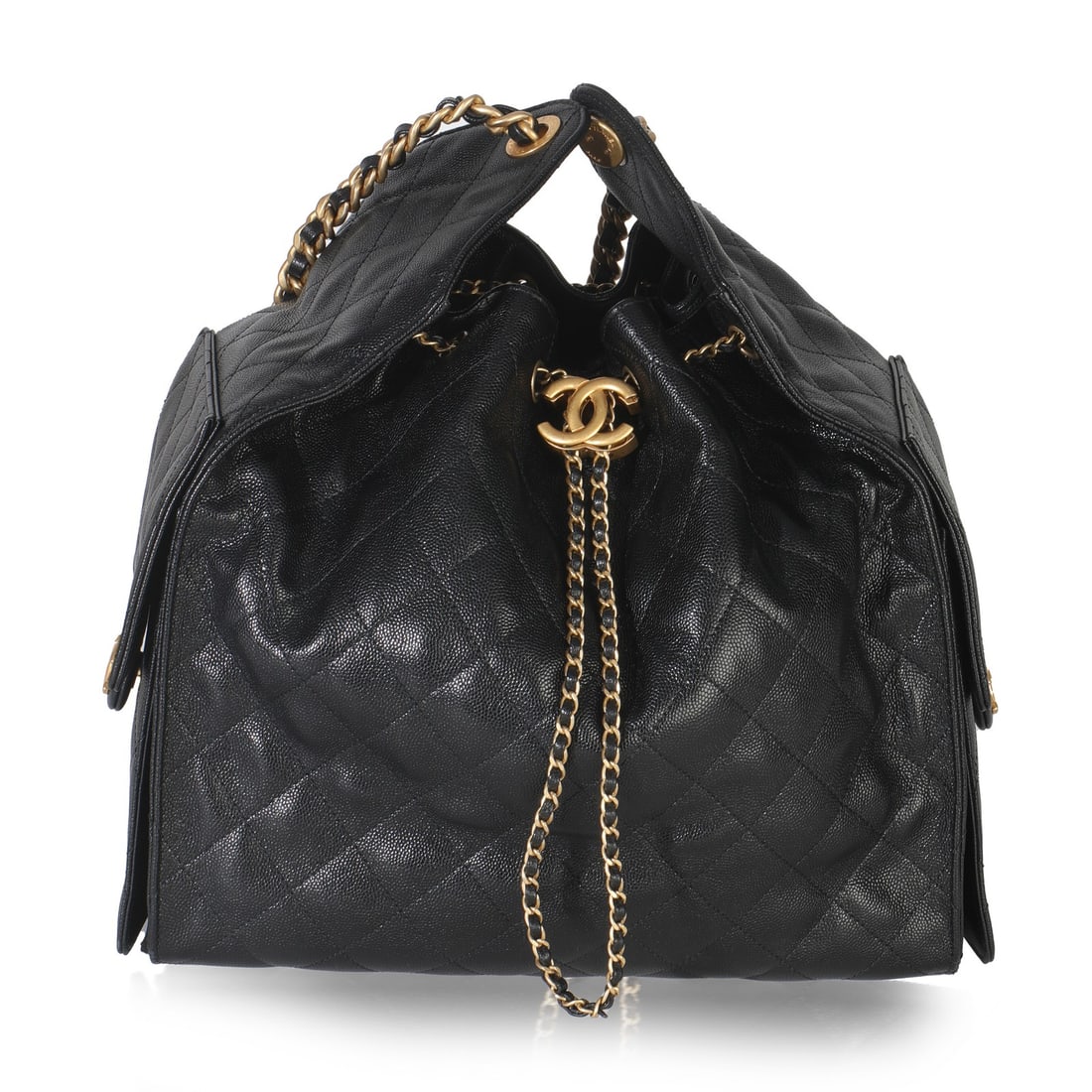 Medium Chanel 25 Hobo Leather Bag in Black with Dustbag and Pochette: Medium Chanel 25 Hobo Leather Bag in Black with Dustbag and Pochette This Chanel Medium Chanel 25 Hobo handbag features black quilted caviar leather with a drawstring closure and gold-tone hardware. D