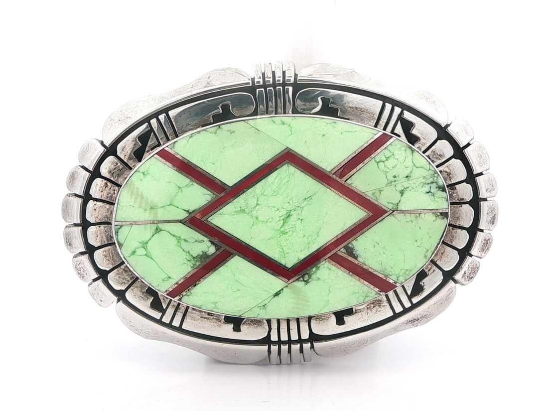 Sterling Silver Gaspeite and Coral Inlay Belt Buckle by Gilbert Nelson (1 of 6)