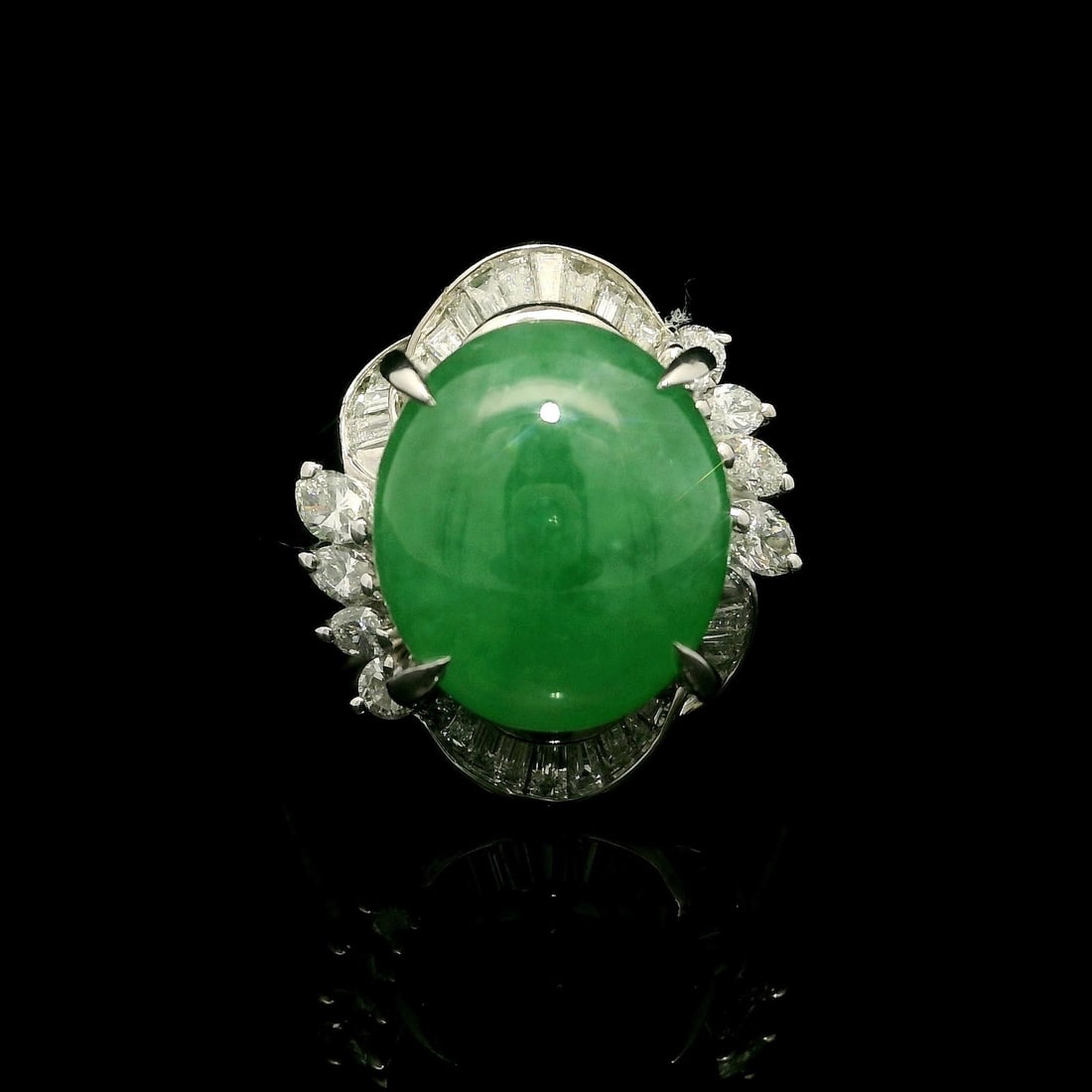Platinum GIA Certified 8.15ctw Natural Burma Jade Diamond Cocktail Ring: Platinum GIA Certified 8.15ctw Natural Burma Jade Diamond Cocktail Ring This stunning cocktail ring showcases a natural Burma jadeite jade centerpiece, presented in a captivating double cabochon cut t
