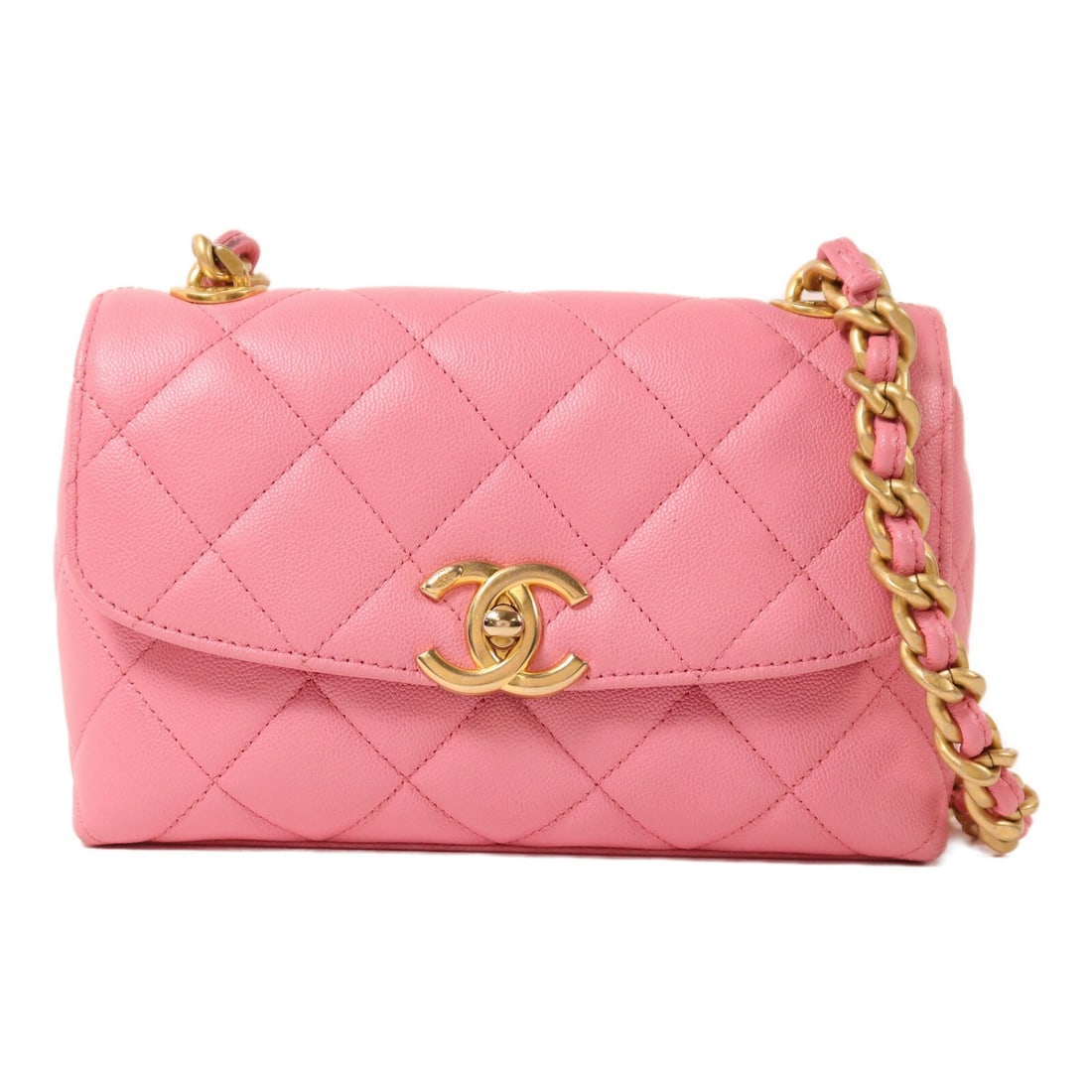 Pink Calfskin CHANEL Shoulder Bag with CC Logo and Gold Chain: Pink Calfskin CHANEL Shoulder Bag with CC Logo and Gold Chain This CHANEL shoulder bag features a pink calfskin leather exterior with gold tone hardware and chain detailing. The bag offers a compact d