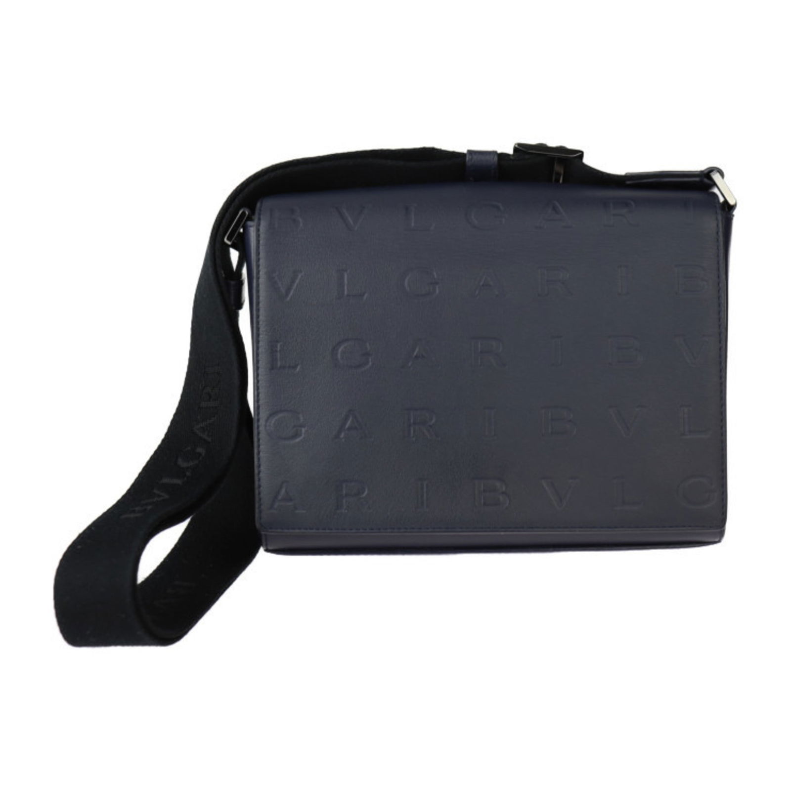 Navy Leather Shoulder Bag by Bulgari with 16cm x 21.5cm Dimensions: Navy Leather Shoulder Bag by Bulgari with 16cm x 21.5cm Dimensions This Bulgari bag features a navy leather exterior and is designed for unisex use. It is made in Italy and offers a compact yet functi