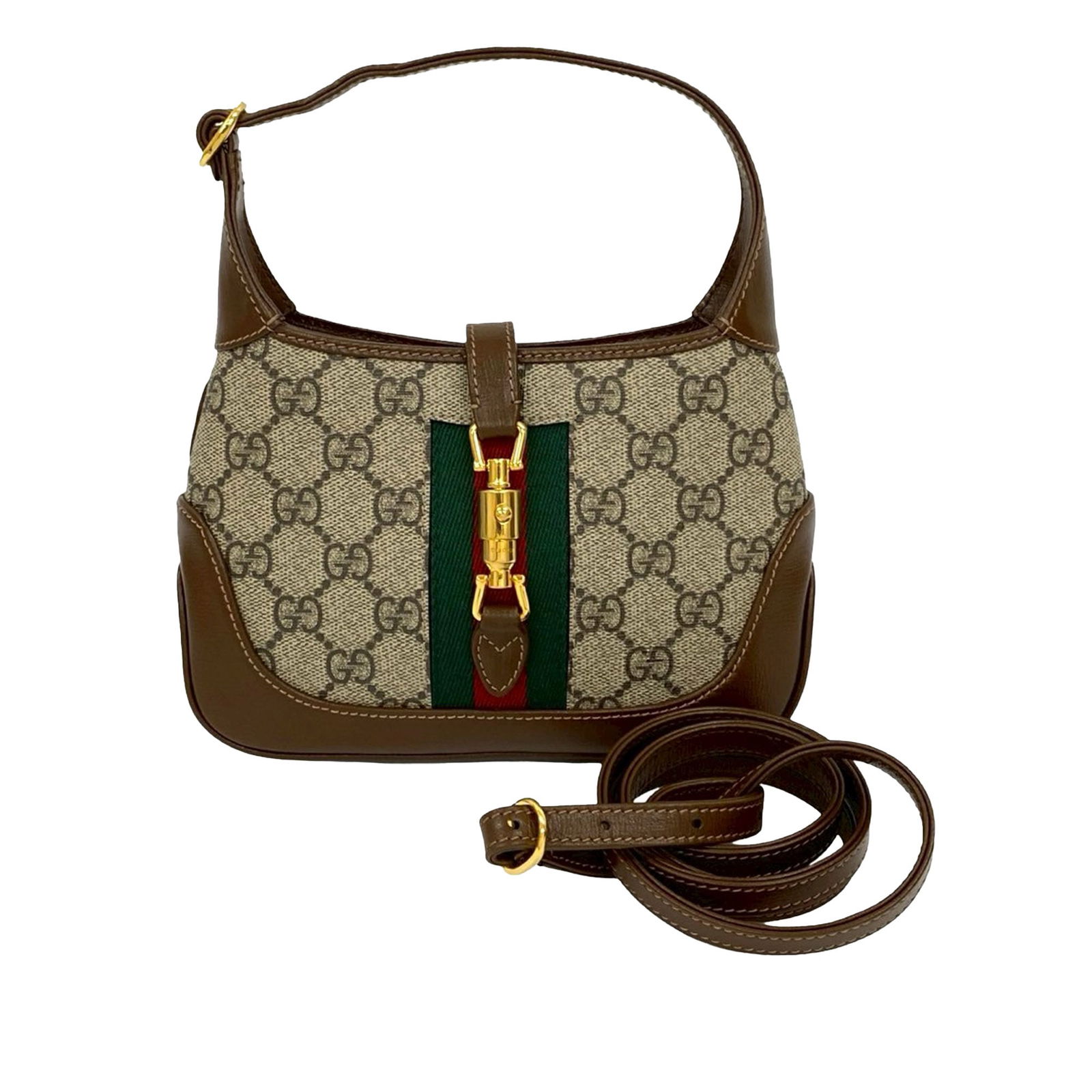 Gucci Jackie 1961 Mini GG Supreme Canvas Web Crossbody Bag: Gucci Jackie 1961 Mini GG Supreme Canvas Web Crossbody Bag This Gucci Mini GG Supreme Web Jackie 1961 Crossbody showcases the iconic coated canvas body with leather trim and signature web detail. It f