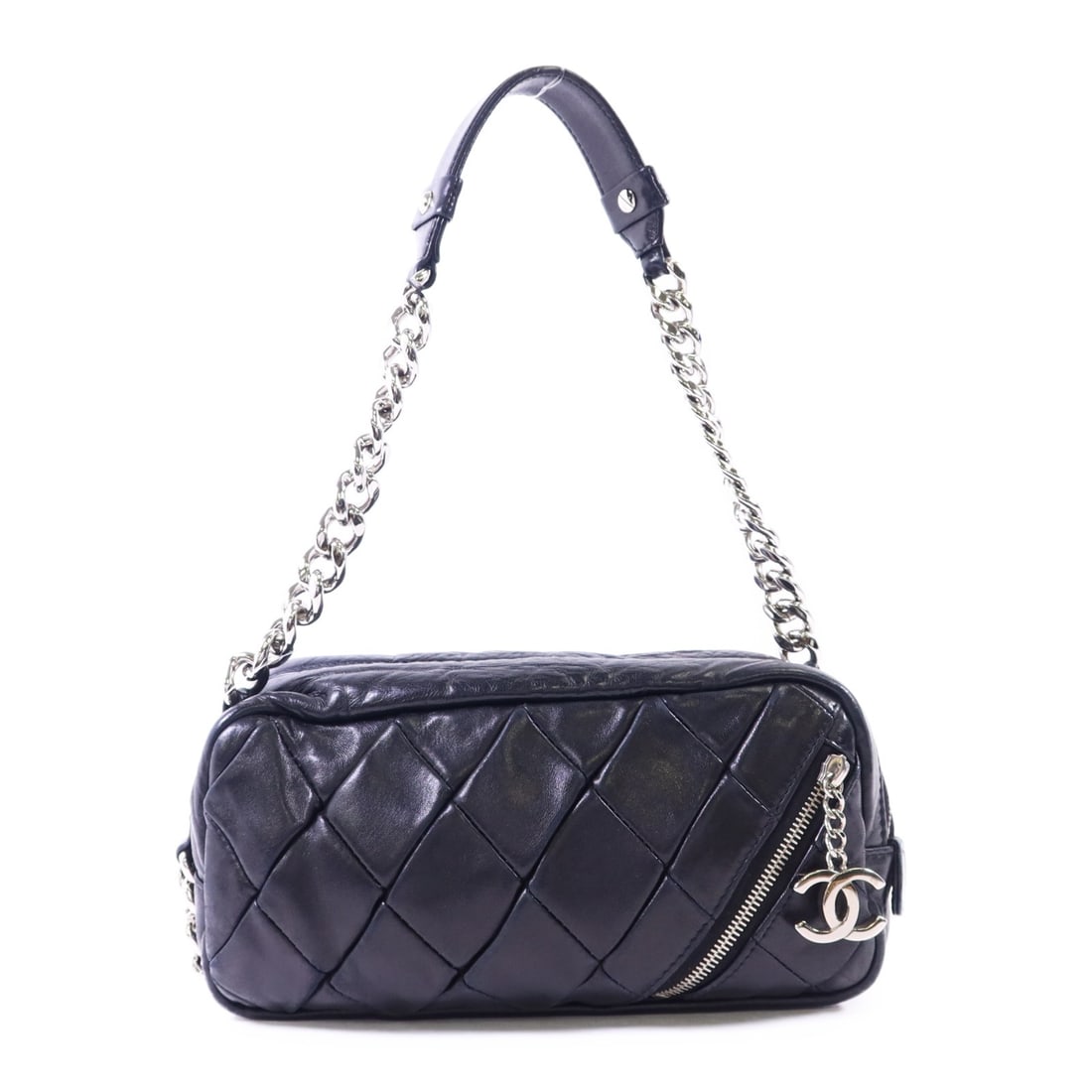Black Calfskin Leather Shoulder Bag by CHANEL CC Silver Hardware: Black Calfskin Leather Shoulder Bag by CHANEL CC Silver Hardware This Chanel shoulder bag is crafted from black calfskin leather and features the iconic CC logo with silver-tone hardware. Designed in