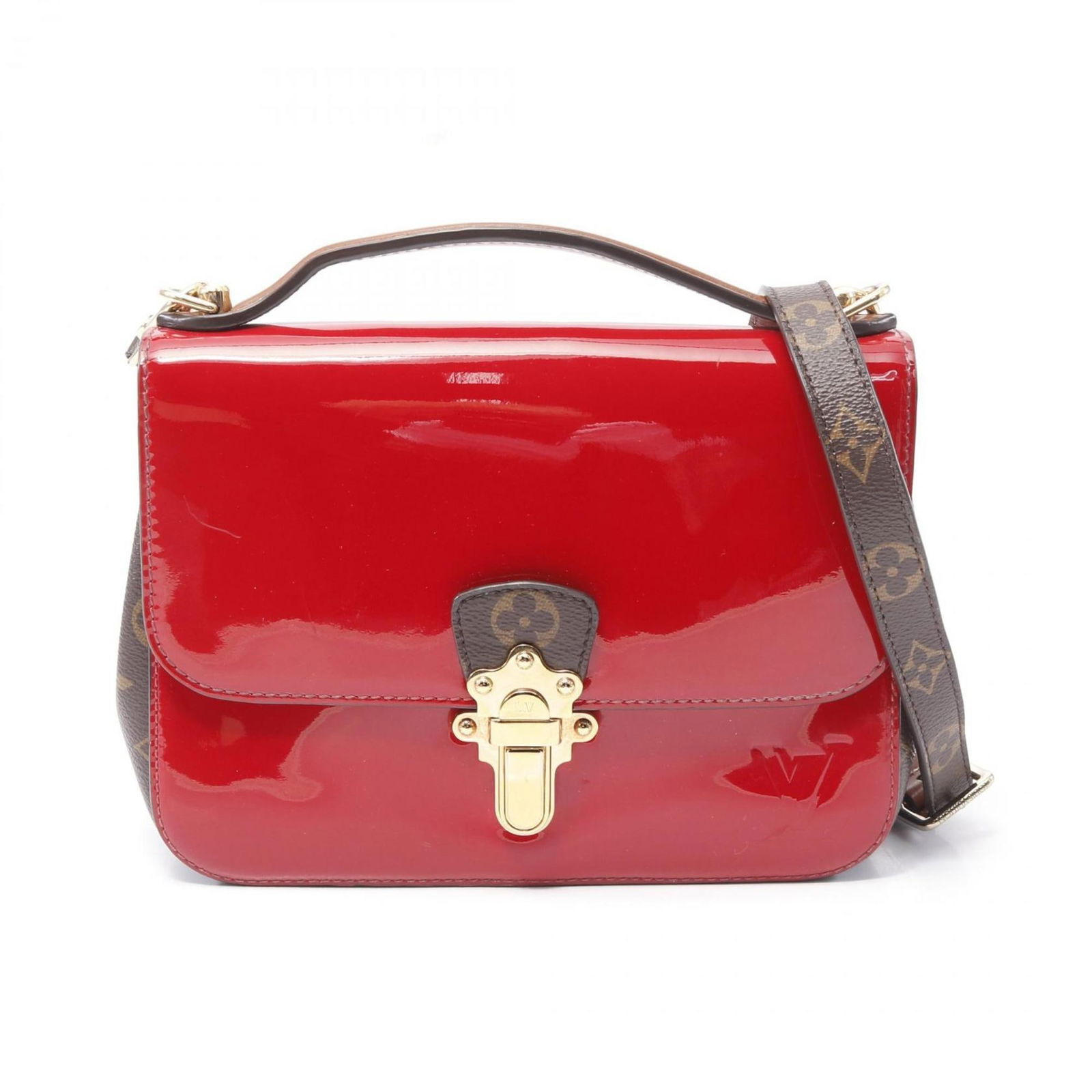 Cherrywood Patent Leather Red Shoulder Bag by Louis Vuitton: Cherrywood Patent Leather Red Shoulder Bag by Louis Vuitton This Louis Vuitton Cherrywood handbag features a striking red patent leather exterior, designed for women. The bag showcases a structured si