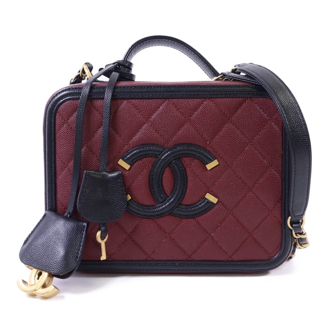 CHANEL Black Caviar Leather CC Vanity Chain Shoulder Bag with Gold Hardware: CHANEL Black Caviar Leather CC Vanity Chain Shoulder Bag with Gold Hardware This CHANEL 2-way shoulder bag features a distinctive vanity case design with chain detailing. Crafted from durable calfskin