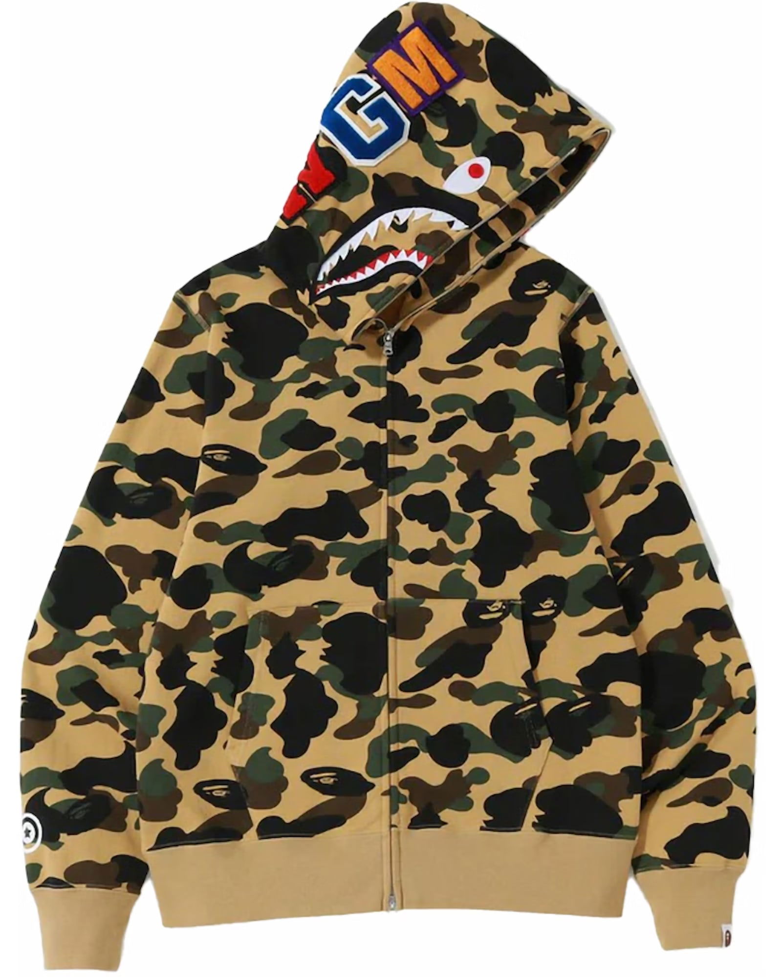 Yellow Full Zip Hoodie by BAPE Featuring 1st Camo Shark Design: Yellow Full Zip Hoodie by BAPE Featuring 1st Camo Shark Design This BAPE 1st Camo Shark Yellow Full Zip Hoodie features the iconic Shark hoodie design combined with the brand's signature 1st Camo patt