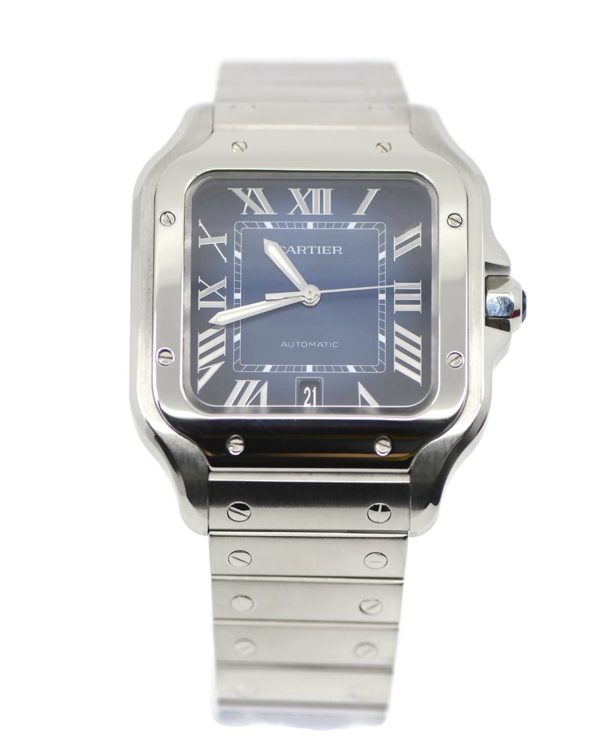 Cartier Santos WSSA0071 Large Automatic Blue Dial Stainless Steel Wristwatch: Cartier Santos WSSA0071 Large Automatic Blue Dial Stainless Steel Wristwatch This Cartier Santos Large wristwatch features a stainless steel case and band, complemented by a blue analog dial. It is po