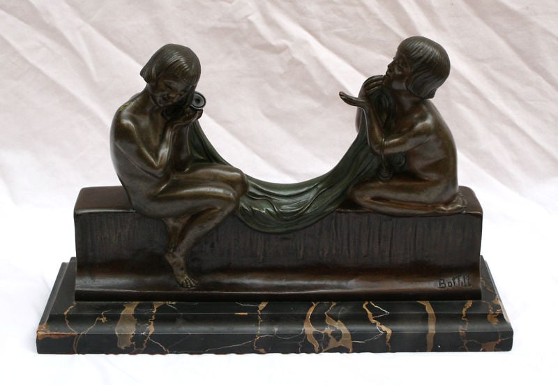Art Deco Bronze Boffill Statue of Two Nude Girls on Marble Base: Art Deco Bronze Boffill Statue of Two Nude Girls on Marble Base Experience the elegance of the Art Deco era with this stunning original bronze statue on marble, crafted by the renowned artist Boffill