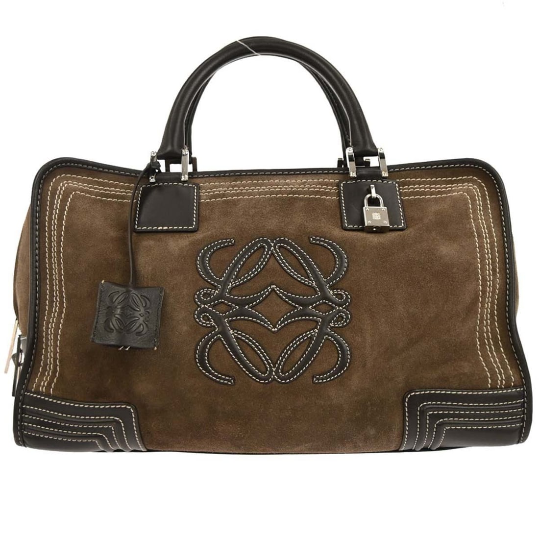 Brown Suede Loewe Amazona 36 Top Handle Bag with Zip Closure: Brown Suede Loewe Amazona 36 Top Handle Bag with Zip Closure This Loewe Amazona 36 handbag features a brown suede leather exterior with double leather handles and a zip closure. Designed with a large