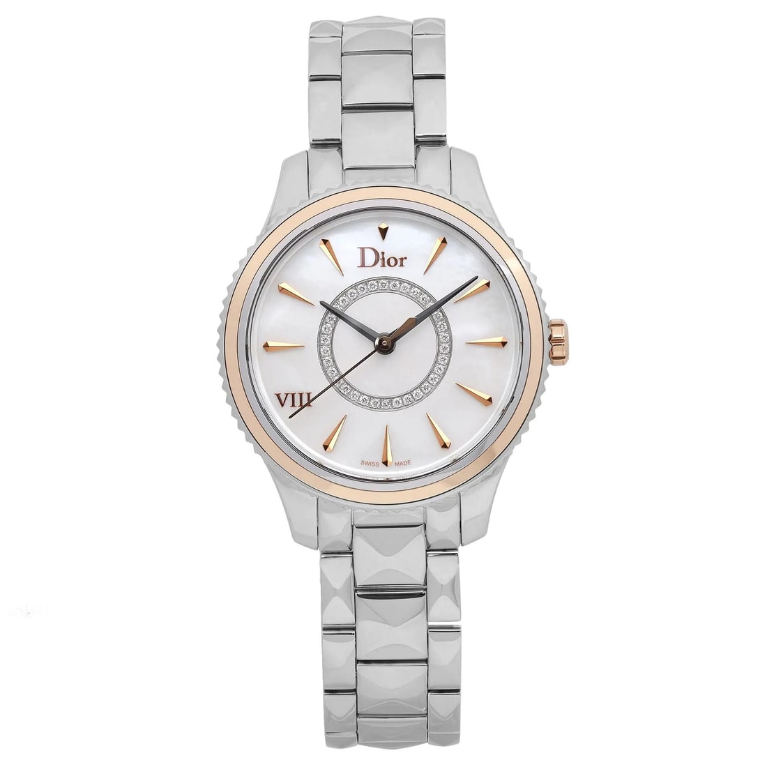 Dior VIII Montaigne Quartz Wristwatch Rose Gold Bezel MOP Dial CD1521I0M001: Dior VIII Montaigne Quartz Wristwatch Rose Gold Bezel MOP Dial CD1521I0M001 The Christian Dior VIII Montaigne wristwatch combines elegance with casual sophistication. Featuring a stunning white mother
