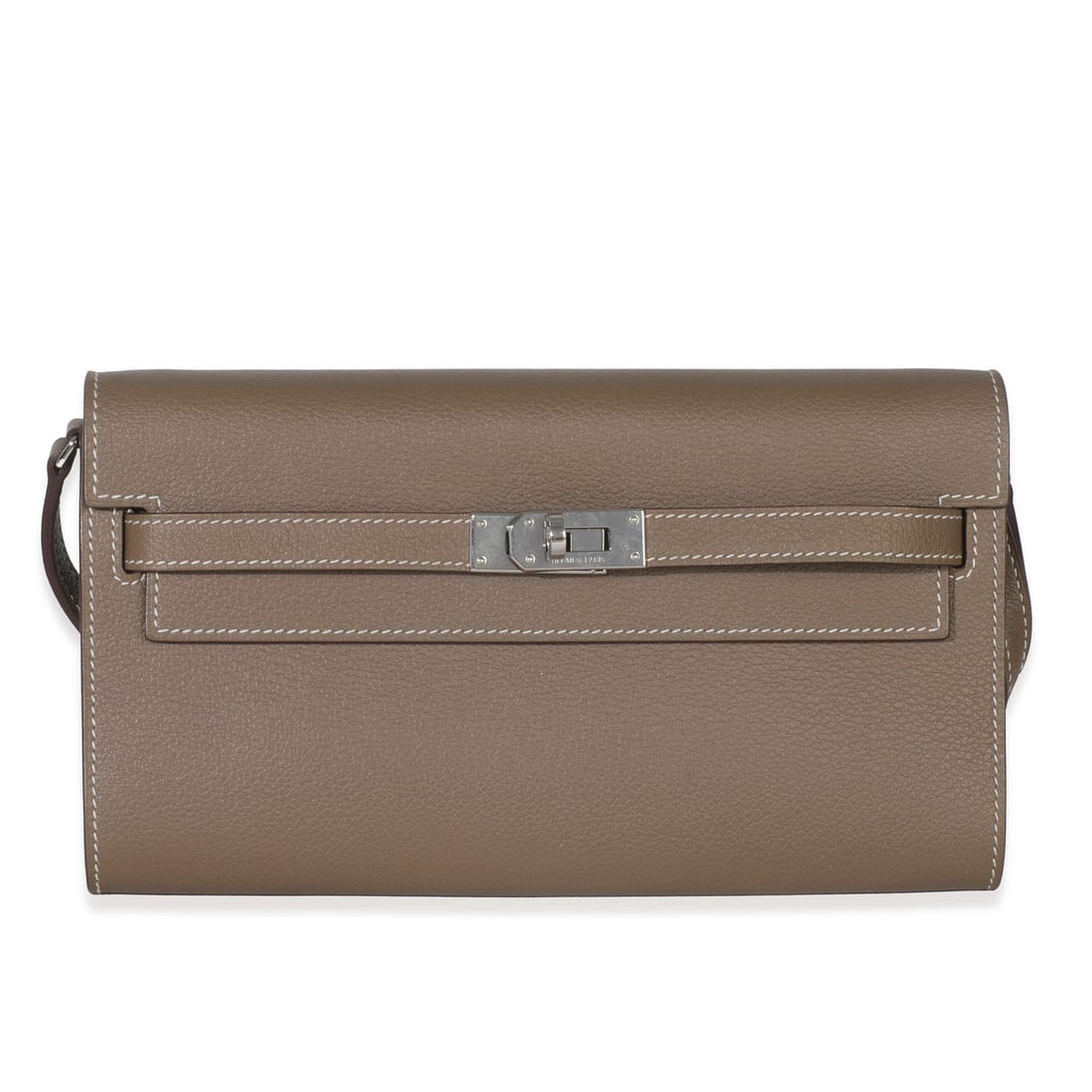 Kelly Wallet To Go Etoupe Leather Shoulder Bag with Silver Hardware: Kelly Wallet To Go Etoupe Leather Shoulder Bag with Silver Hardware This Hermes Kelly Wallet To Go features Etoupe Evercolor leather in a sophisticated gray shade. Designed as a versatile shoulder bag