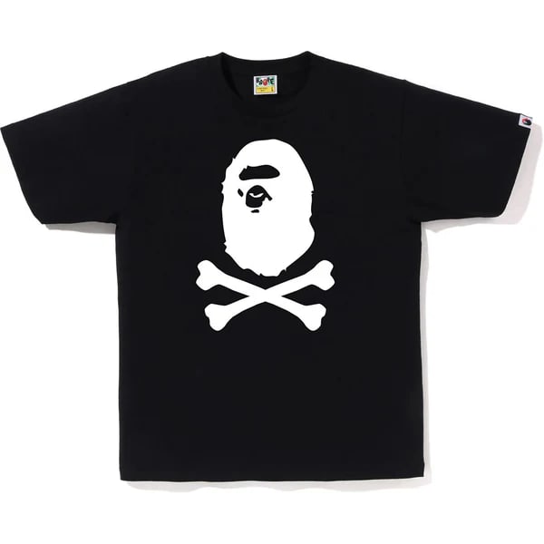 Black T-Shirt with Ape Head Crossbone Design by Bape: Black T-Shirt with Ape Head Crossbone Design by Bape This authentic Bape Ape Head Crossbone black tee features the iconic Ape Head and crossbone design. The shirt is un-used and in unworn condition, o