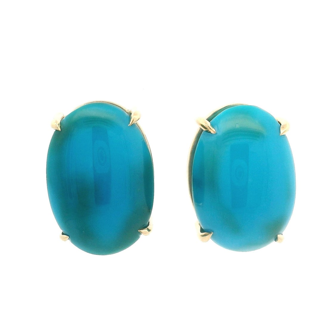 14k Yellow Gold Large Oval Turquoise Cabochon Stud Earrings: 14k Yellow Gold Large Oval Turquoise Cabochon Stud Earrings These stunning stud earrings feature large, polished oval cabochon turquoise stones, showcasing their natural blue color with intricate vein
