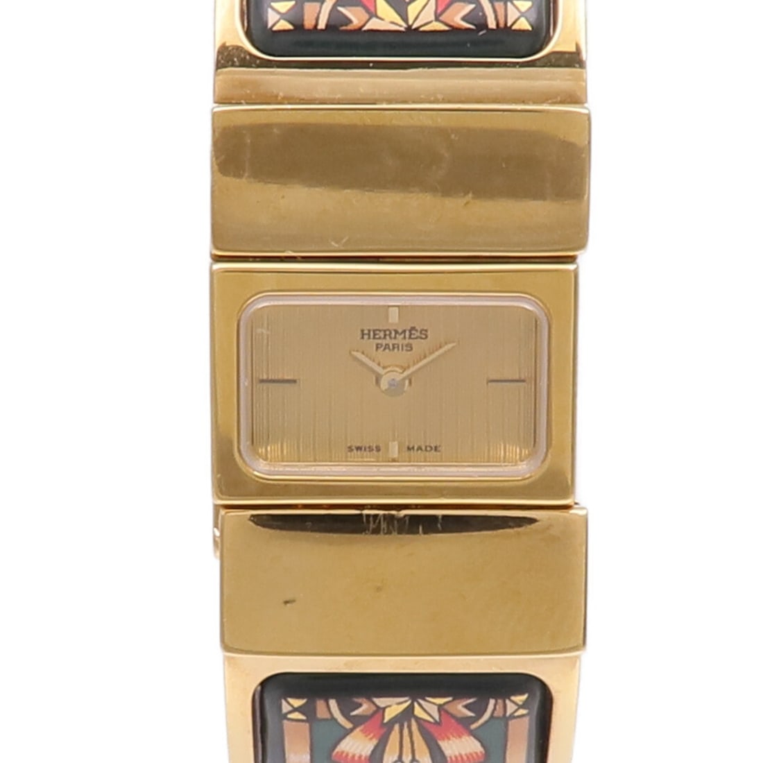 Hermes Loquet L01.201 Green Dial Gold Plated Quartz Wristwatch: Hermes Loquet L01.201 Green Dial Gold Plated Quartz Wristwatch This HERMES Loquet wristwatch features a gold-plated case and band with a quartz movement. The watch has a gold dial and frame, offering