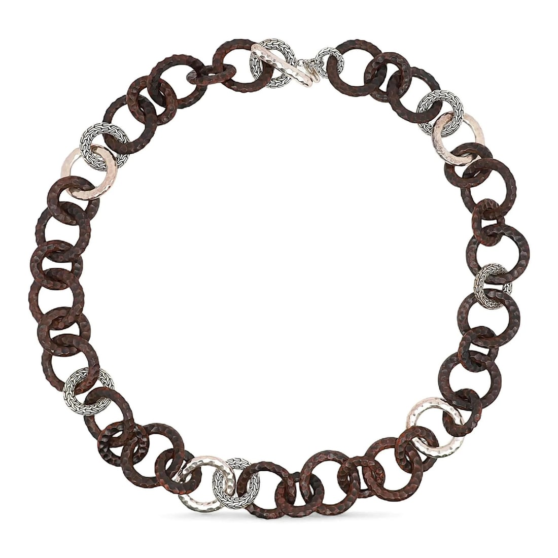 Palu Link Necklace in Sterling Silver and Wood by John Hardy: Palu Link Necklace in Sterling Silver and Wood by John Hardy This John Hardy Palu Link necklace features interlocking circular rings crafted from 925 sterling silver and wood. The bold, chunky design