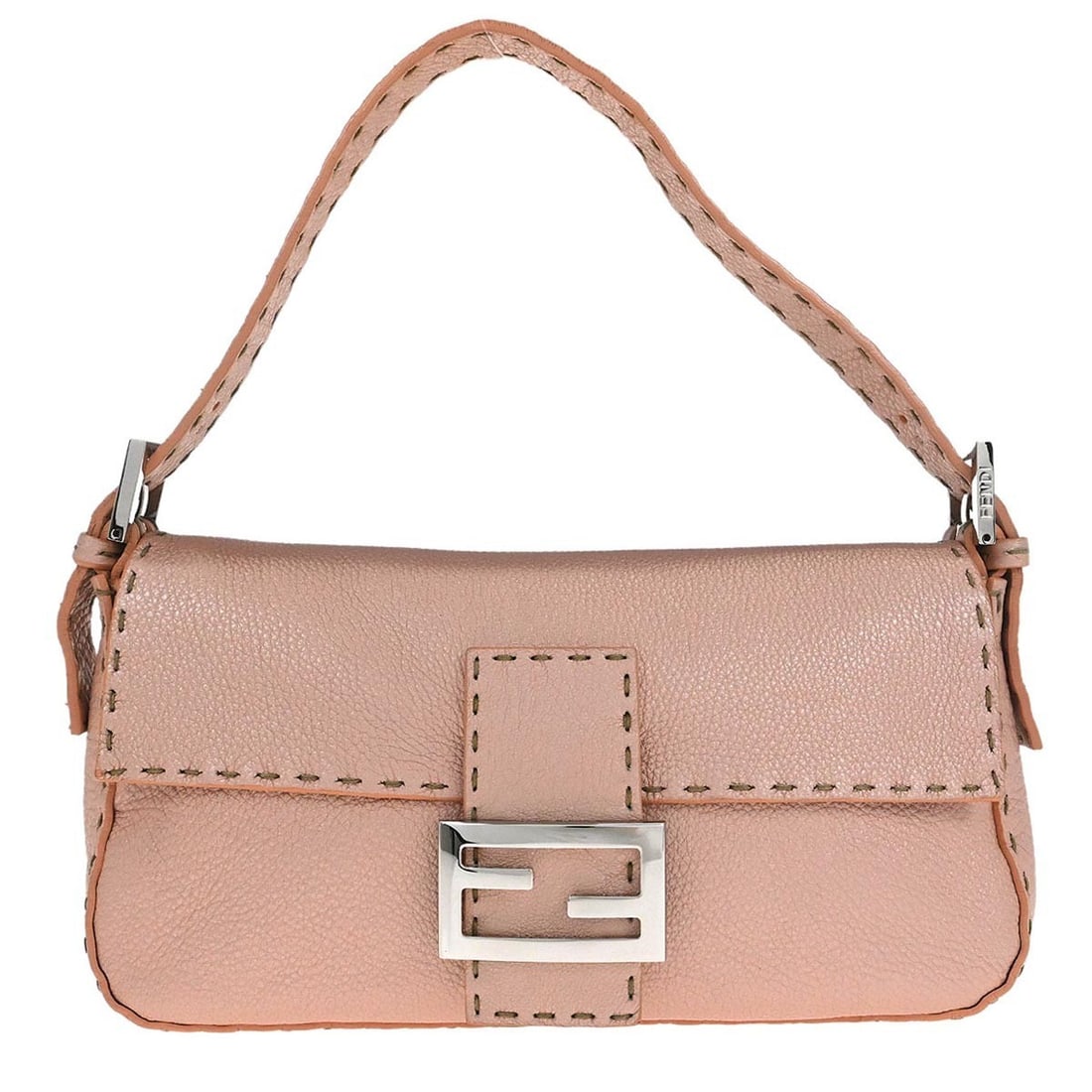 Pink Leather Baguette Shoulder Bag Fendi Selleria Model 2415-8BR101-NDU-059: Pink Leather Baguette Shoulder Bag Fendi Selleria Model 2415-8BR101-NDU-059 This Fendi Selleria Baguette handbag features a pink leather exterior with silver-tone hardware and a logo accent. Designed