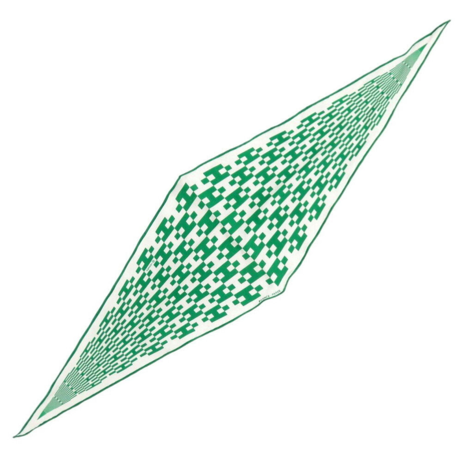 Silk green Losange scarf by Hermes France 42 x 120 cm: Silk green Losange scarf by Hermes France 42 x 120 cm Hermes Losange scarf in green silk, designed for women. This piece features a refined appearance with slight traces of folding and an insignifican