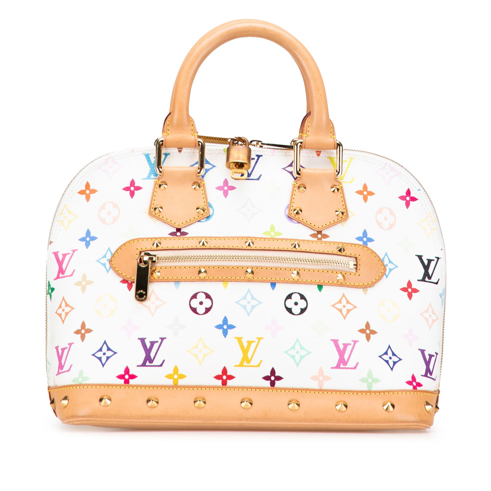Louis Vuitton Monogram Multicolore Alma PM Bag with Vachetta Trim: Louis Vuitton Monogram Multicolore Alma PM Bag with Vachetta Trim This Louis Vuitton Monogram Multicolore Alma PM is a stylish and iconic handbag crafted from multicolore canvas, adorned with studded