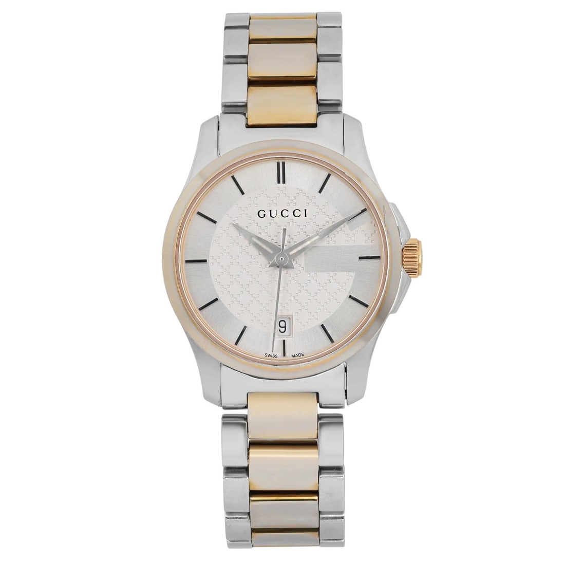 Gucci G Timeless Two Tone Quartz Ladies Watch YA126531 with Aftermarket Crown: Gucci G Timeless Two Tone Quartz Ladies Watch YA126531 with Aftermarket Crown Discover timeless elegance with the Gucci G Timeless Two Tone Stainless Steel Silver Quartz Ladies Watch. This exquisite w