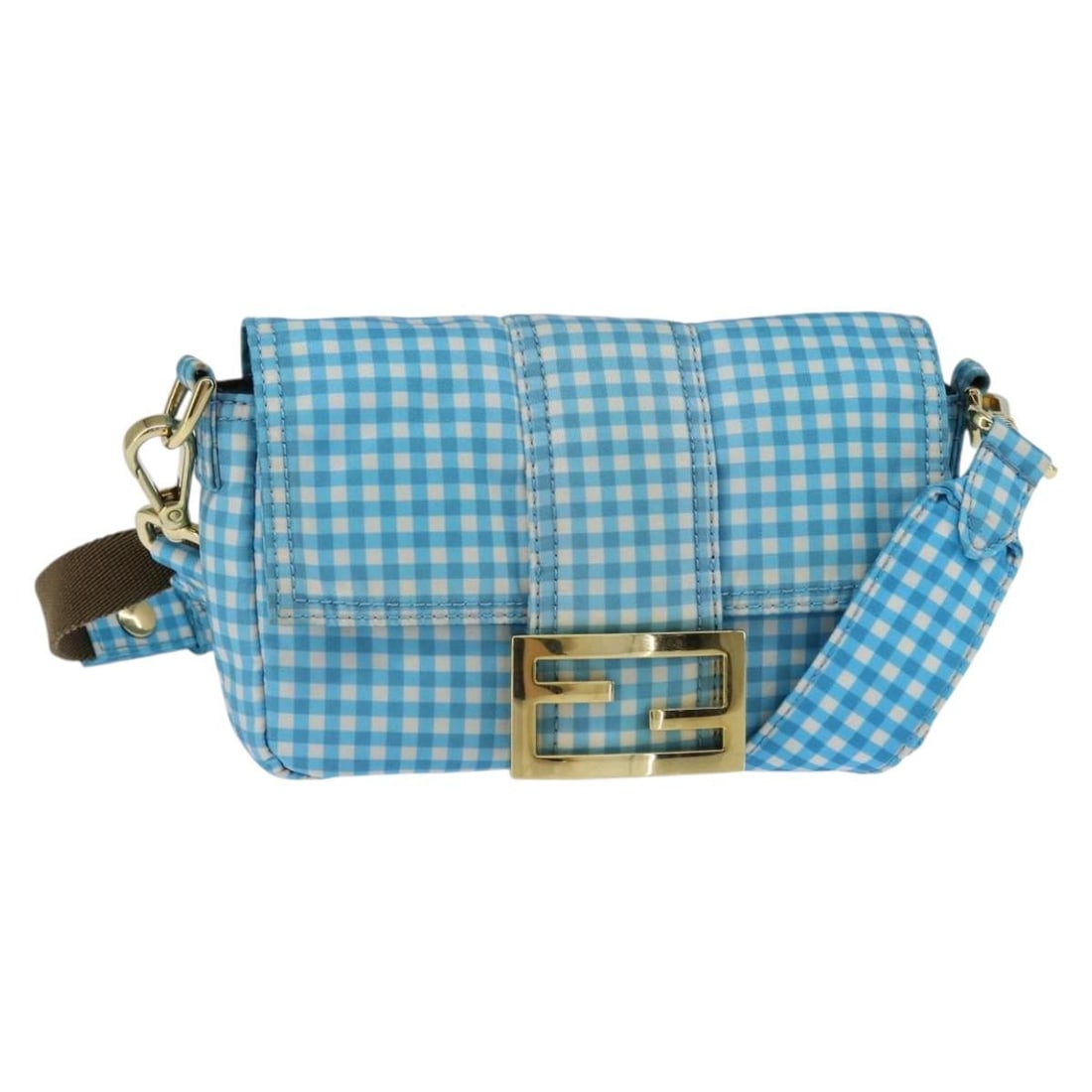 FENDI Mamma Baguette Nylon Shoulder Bag Blue Gold Authentic: FENDI Mamma Baguette Nylon Shoulder Bag Blue Gold Authentic Discover the elegance of the Fendi Mamma Baguette Shoulder Bag, crafted from durable nylon in a striking blue and gold color combination. Th