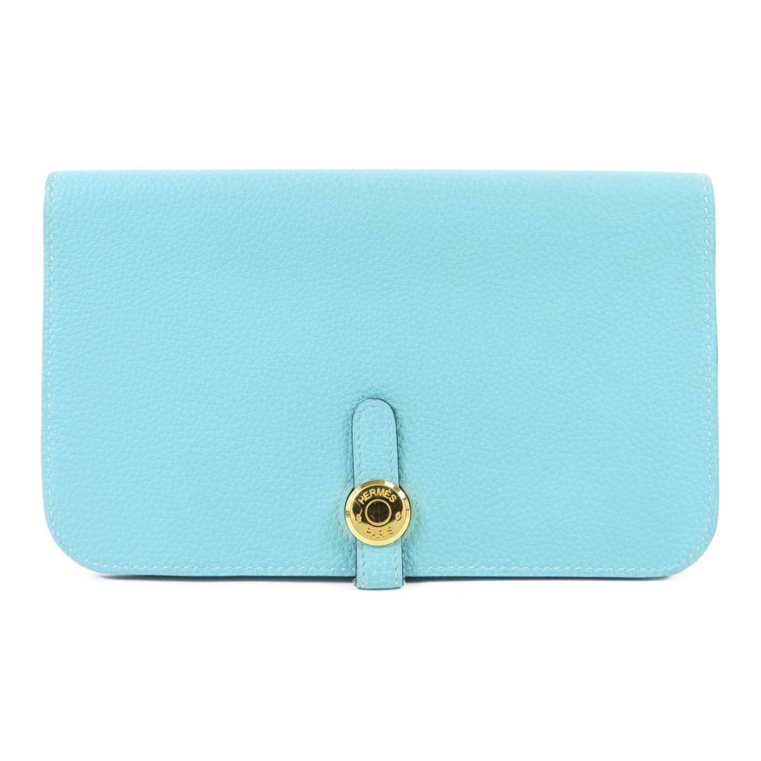 Hermes Dogon GM Bleu Atoll Clemence Leather Long Wallet with Gold Hardware: Hermes Dogon GM Bleu Atoll Clemence Leather Long Wallet with Gold Hardware This Hermes Dogon GM Long Bifold Wallet is crafted from Clemence leather in a striking blue shade. Designed with a regular si