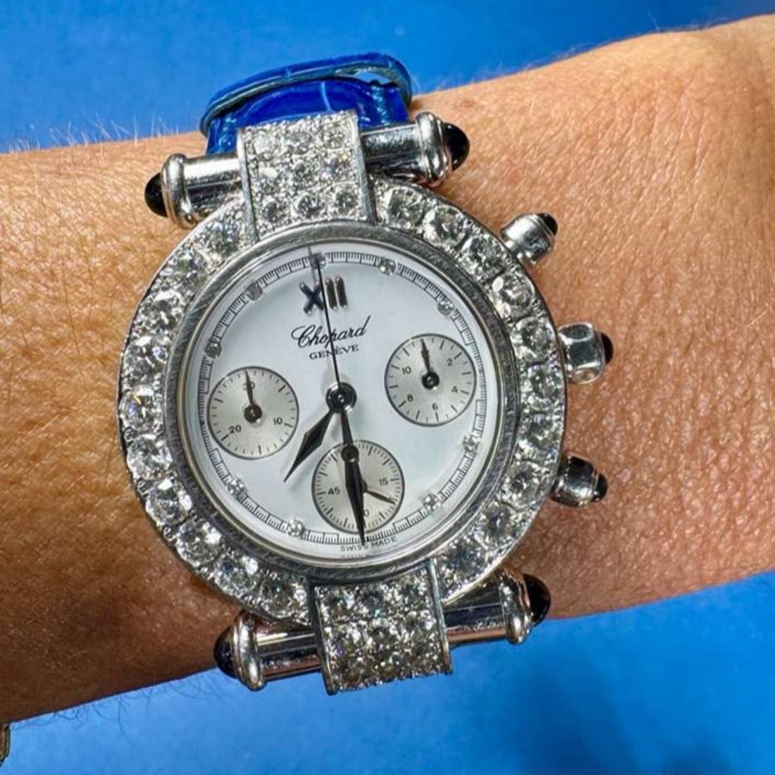 Imperiale Chronograph Timepiece 18K White Gold With Diamonds 32mm By Chopard: Imperiale Chronograph Timepiece 18K White Gold With Diamonds 32mm By Chopard This Chopard Imperiale chronograph watch features a 32mm case crafted from 18K white gold and is adorned with 44 factory-se