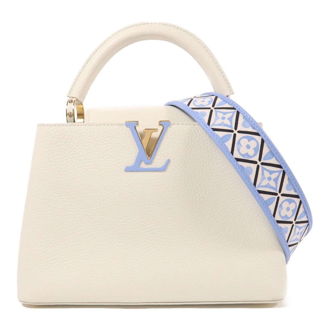 LOUIS VUITTON Capucines BB 2 Way Bag M23064 White Taurillon Leather: LOUIS VUITTON Capucines BB 2 Way Bag M23064 White Taurillon Leather This Louis Vuitton Capucines BB 2 Way Bag showcases elegance and versatility, crafted from premium calfskin leather in a sophisticat