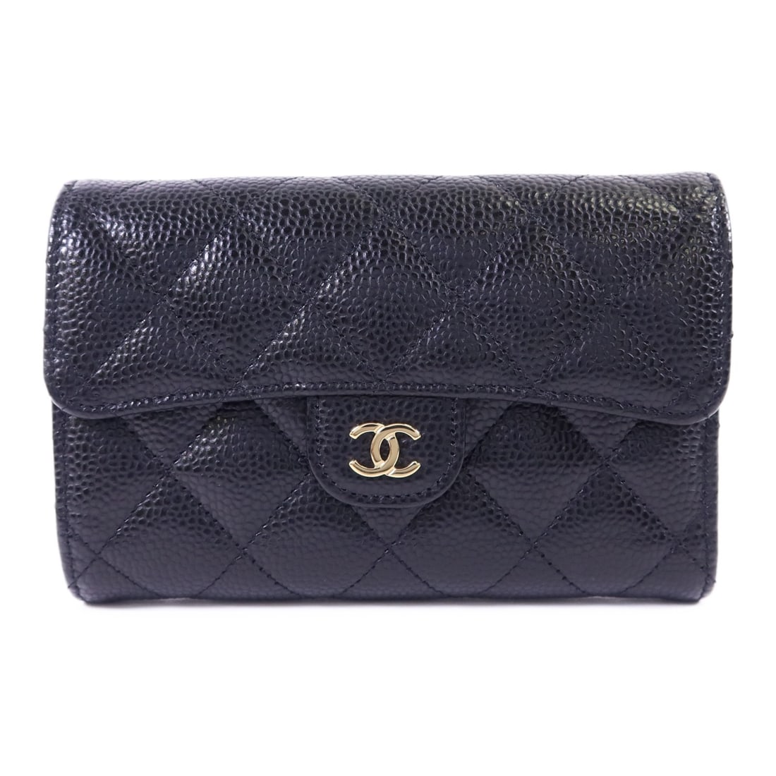 Chanel Black Calfskin Tri-Fold Wallet with Gold Hardware: Chanel Black Calfskin Tri-Fold Wallet with Gold Hardware This CHANEL tri-fold wallet is crafted from black calfskin leather. Designed with a classic silhouette, it features a regular size and showcase