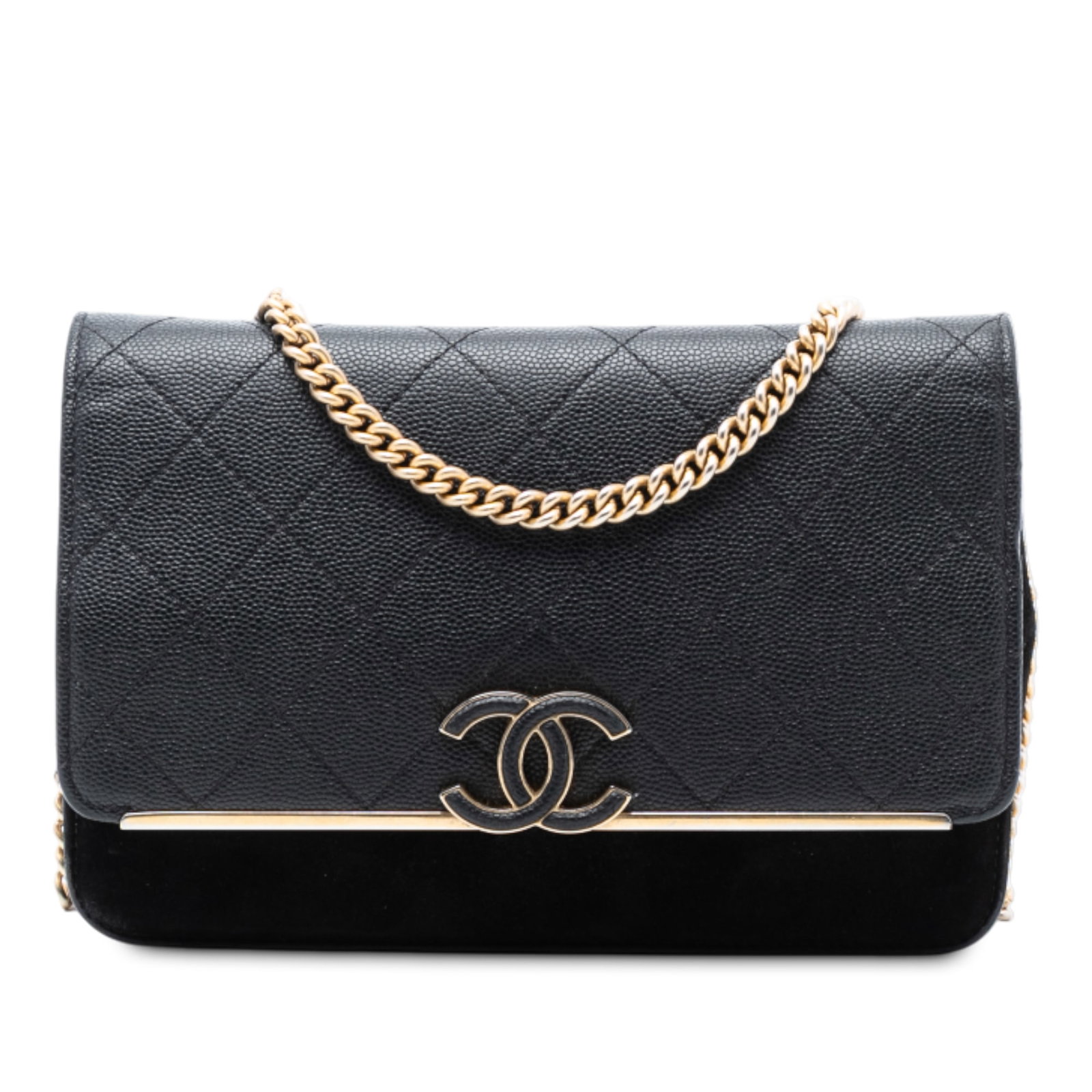Black Lady Coco Wallet On Chain with Stitched Caviar and Suede: Black Lady Coco Wallet On Chain with Stitched Caviar and Suede This Chanel Lady Coco Wallet On Chain features a black stitched caviar leather and suede body with a gold-tone chain link strap and leath