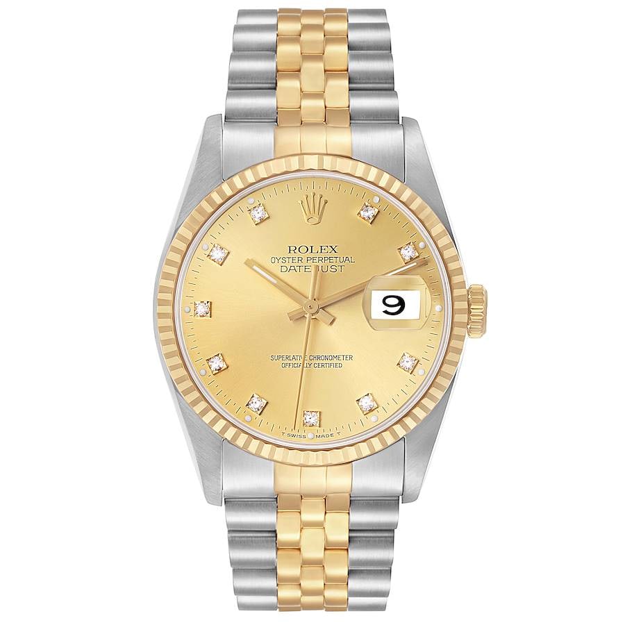 Rolex Datejust Ref 16233 Champagne Diamond Dial D-Link Jubilee Papers 1994: Rolex Datejust Ref 16233 Champagne Diamond Dial D-Link Jubilee Papers 1994 This Rolex Datejust is a men's watch featuring a champagne diamond dial and a fluted bezel. It comes with a D-Link Jubilee br