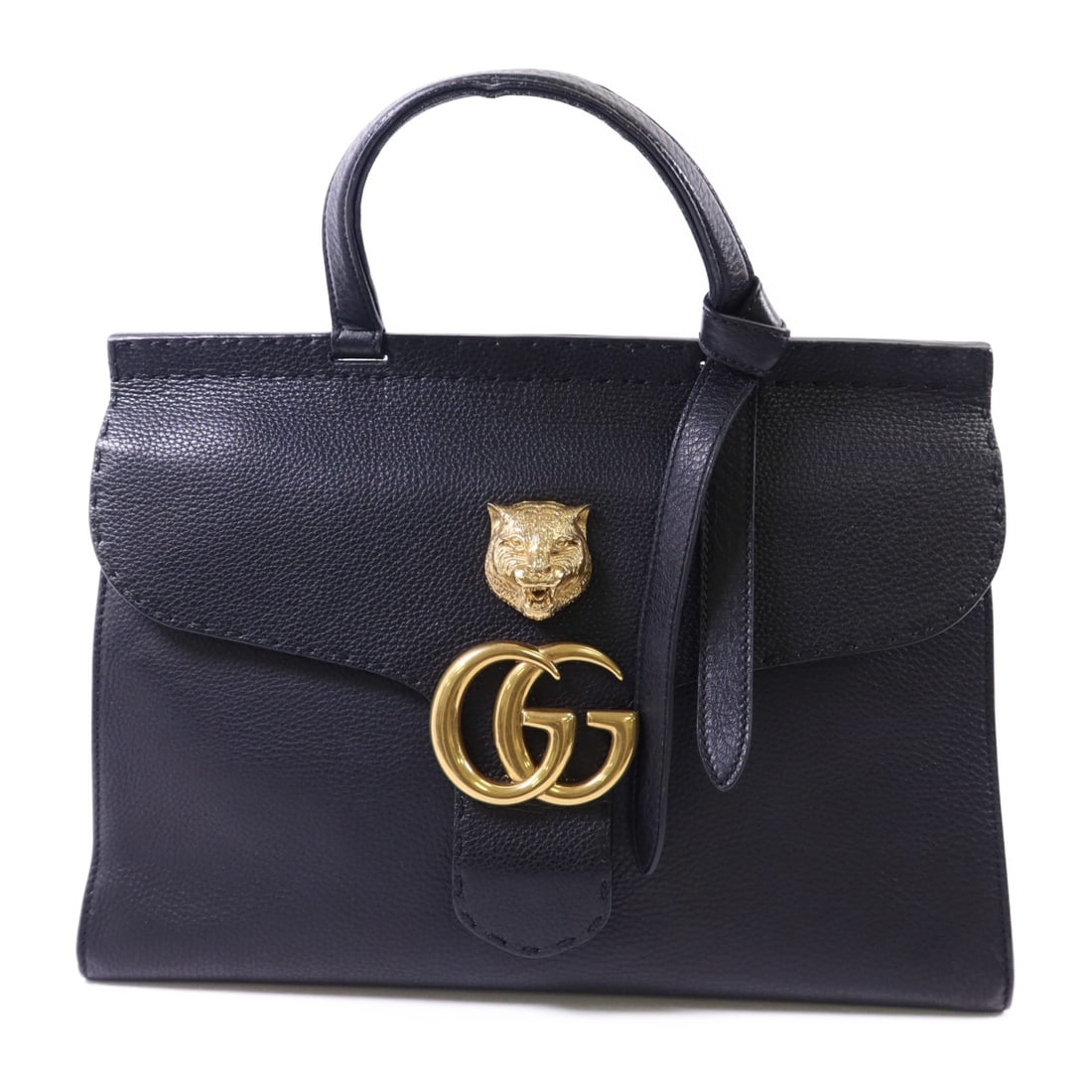 Black Calfskin GG Mamont Top Handle Bag by Gucci with Gold Hardware: Black Calfskin GG Mamont Top Handle Bag by Gucci with Gold Hardware This Gucci GG Marmont top handle handbag is crafted from black calfskin leather and features a structured silhouette. Designed for r