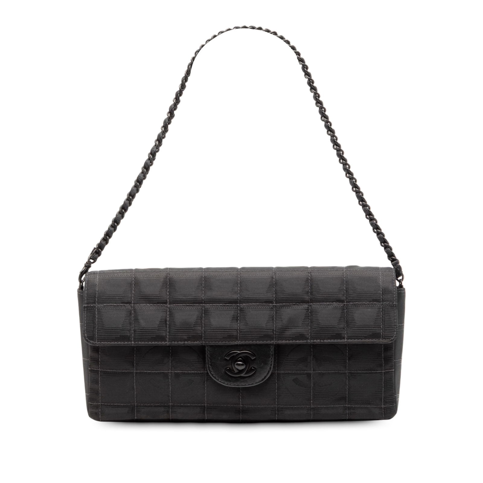 Chanel New Travel Line Black Nylon East West Shoulder Bag: Chanel New Travel Line Black Nylon East West Shoulder Bag This Chanel shoulder bag from the New Travel Line collection features a black nylon body, a woven chain link strap, a front flap with interloc