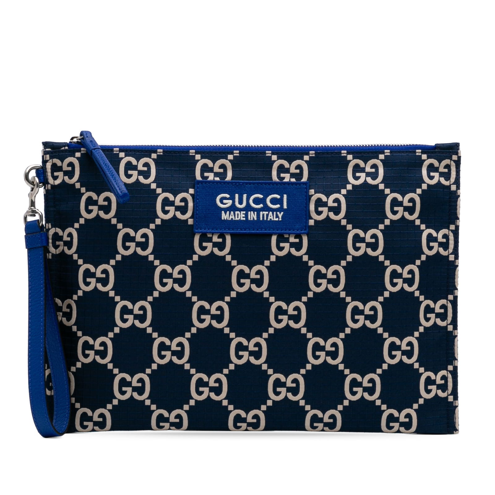 Gucci GG Canvas Ripstop Pouch Blue Fabric with Wrist Strap: Gucci GG Canvas Ripstop Pouch Blue Fabric with Wrist Strap Introducing the Gucci GG Canvas Ripstop Pouch, a stylish and functional accessory crafted from durable canvas with elegant leather trim. This