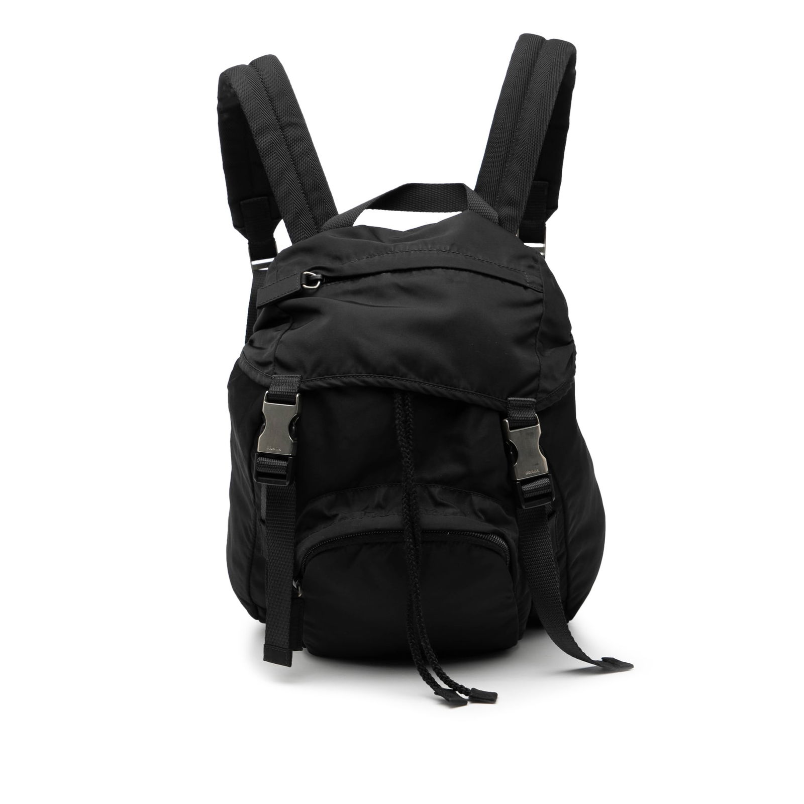 Black Tessuto Montagna Nylon Backpack by Prada with Adjustable Straps: Black Tessuto Montagna Nylon Backpack by Prada with Adjustable Straps This Prada Tessuto Montagna backpack features a black nylon body with a flat top handle and adjustable flat back straps. The bag i