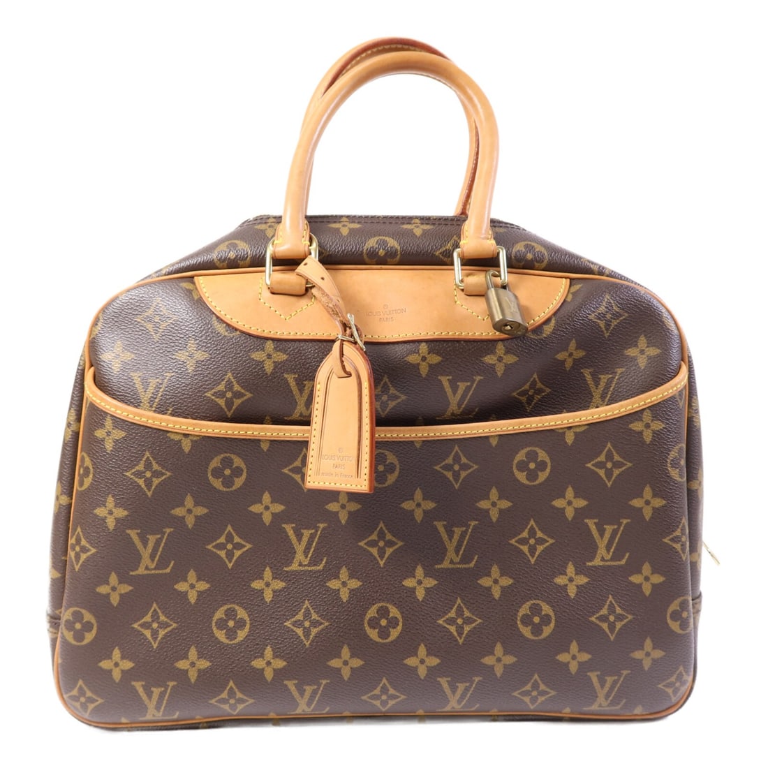 Louis Vuitton Deauville Monogram Canvas Brown Handbag M47270 Gold Hardware: Louis Vuitton Deauville Monogram Canvas Brown Handbag M47270 Gold Hardware This Louis Vuitton Deauville handbag is crafted from brown PVC coated canvas with the signature monogram pattern. The bag fea