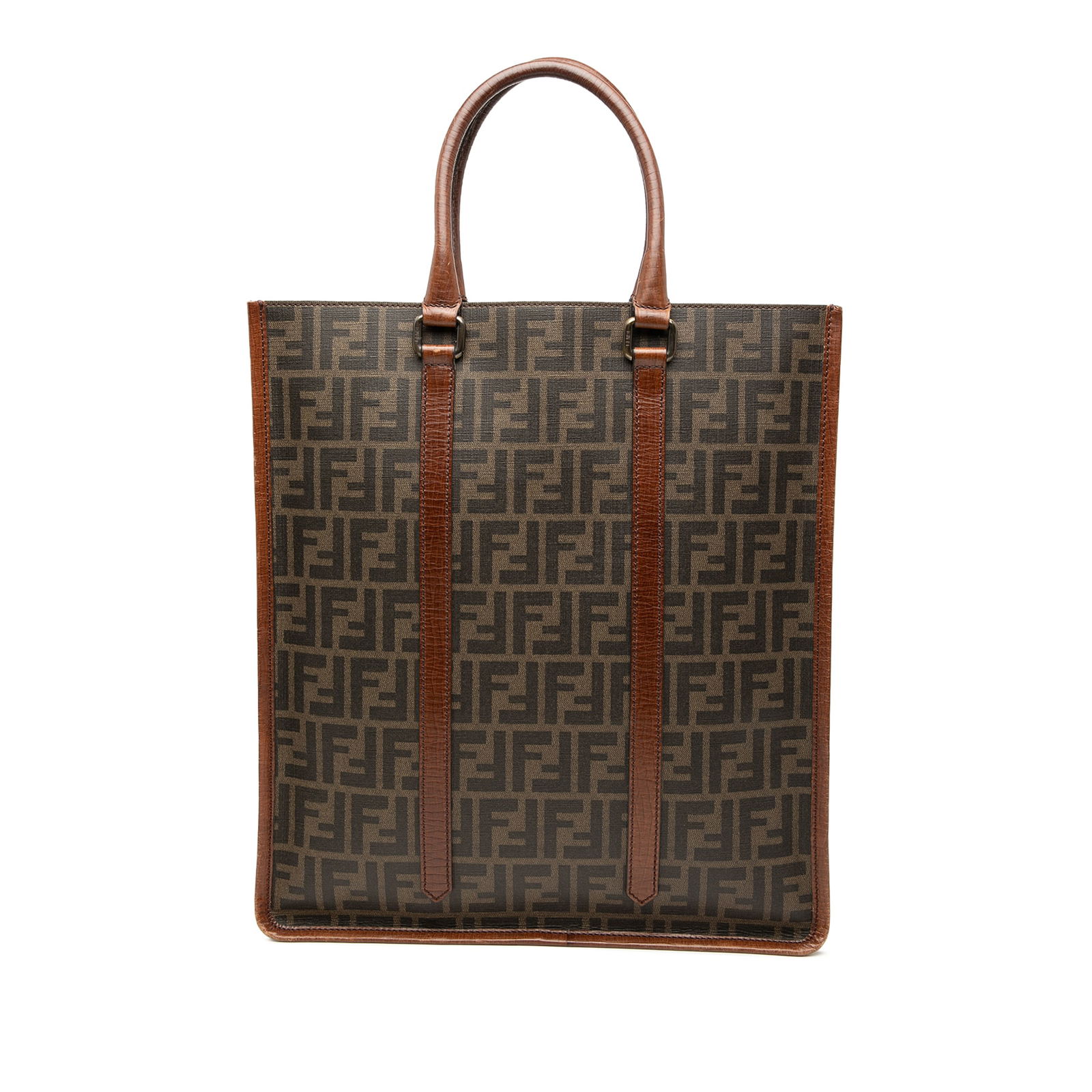 Brown Coated Canvas Fendi Zucca Vertical Tote with Leather Handles: Brown Coated Canvas Fendi Zucca Vertical Tote with Leather Handles This Fendi Zucca Coated Canvas Vertical Tote features a durable coated canvas body with leather trim, rolled leather handles, an open