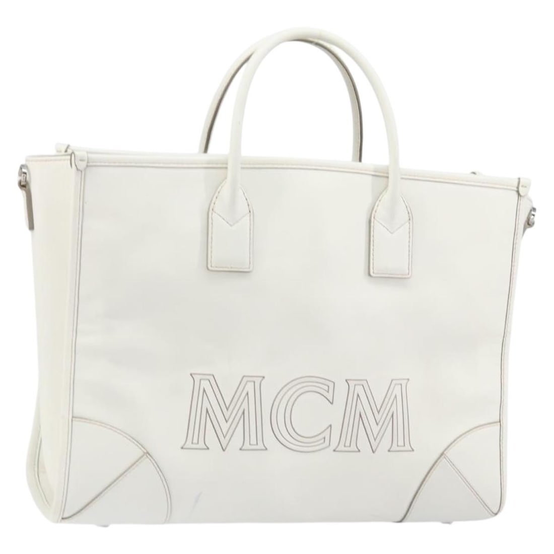 MCM White Gold Leather Hand Bag Auth MR1564 Korea: MCM White Gold Leather Hand Bag Auth MR1564 Korea This authentic MCM handbag combines luxury and style with its elegant white leather exterior complemented by gold accents. Measuring approximately 15.