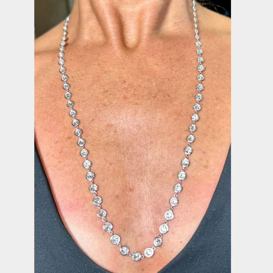 Platinum 24.50 Ct Diamonds by the Yard Necklace 26 Inches: Platinum 24.50 Ct Diamonds by the Yard Necklace 26 Inches This exquisite Diamonds by the Yard necklace is crafted from platinum and features a stunning total of 75 diamonds, weighing approximately 24.